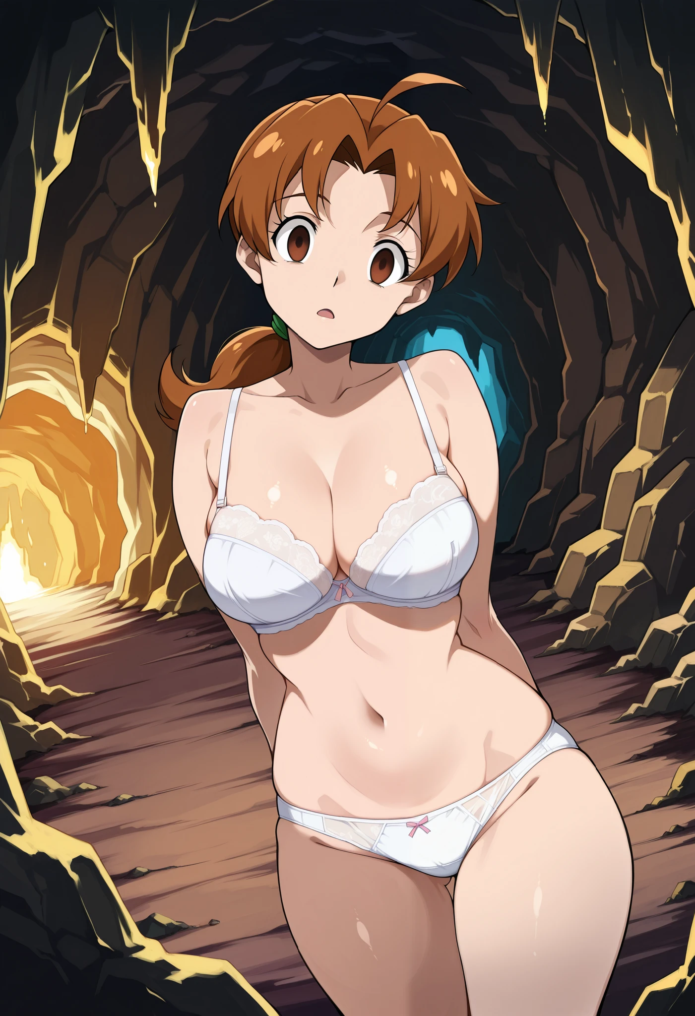 score_9, score_8_up, score_7_up, source_anime, deliaketchum, deliaketchum, brown hair, brown eyes, empty eyes, parted bangs, ahoge, ponytail, low ponytail, Slender and sexy body, pretty breasts,brainwashed facial expression, open mouth, looking at viewer, head tilt, curvy body, white bra, navel, white panty, Outdoors, deep cave, cowboy shot, weakly , standing. Dutch angle.