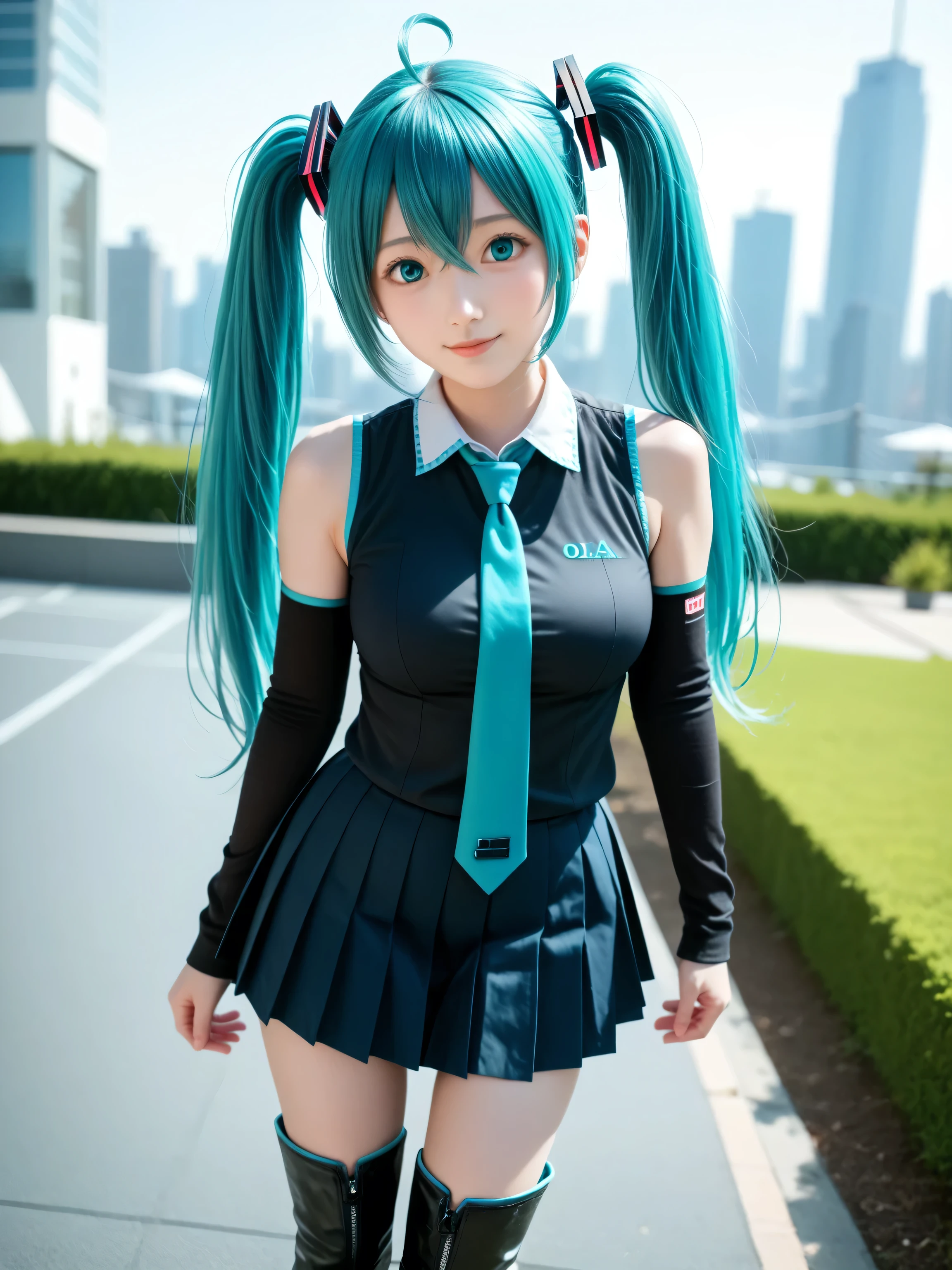 score_9, score_8_up, score_7_up, source_photo, realistic, photo, (((masterpiece, best quality))), ((((best quality, realistic, photo-realistic)))), ((((photorealistic)))), (((((19 years old))))), 1girl, mikuhatsune, miku hatsune, ahoge, ((((aqua eyes)))), ((((aqua hair)))), (((crossed bangs))), ((hair between eyes)), (((hair ornament))), headphones, long hair, ((((twintails)))), ((((mature female)))), ((((aqua necktie)))), black footwear, ((((black skirt)))), ((((black sleeves)))), boots, collared shirt, detached sleeves, grey shirt, necktie, ((((pleated skirt)))), shirt, skirt, ((((sleeveless)))), ((((sleeveless shirt)))), ((((thigh boots)))), tie clip, ((((depth of field)))), blurry background, Detailed face, ((((medium breasts)))), big breasts, ((solo)), busty, ((1girl)), beautiful breasts, beautiful ass, shiny skin, ((((sharp focus)))), perfect hands, ((((outdoors)))), excited, happy, dutch angle, cowboy shot, cute face, ((pretty sister))), ((pretty)), ((ultra-detailed)), ((an extremely delicate and beautiful)), Beautiful eyes, (((big eyes:1.5))), (((sensual vibe))), ((((feeling pleasure)))), ((((ideal body)))), ((((energetic)))), ((perfect fingers)), (((realistic:1.4))), ((((cityscape)))), (((((sexy pose))))), (((((seductive pose))))), ((((dynamic pose)))), white panties,