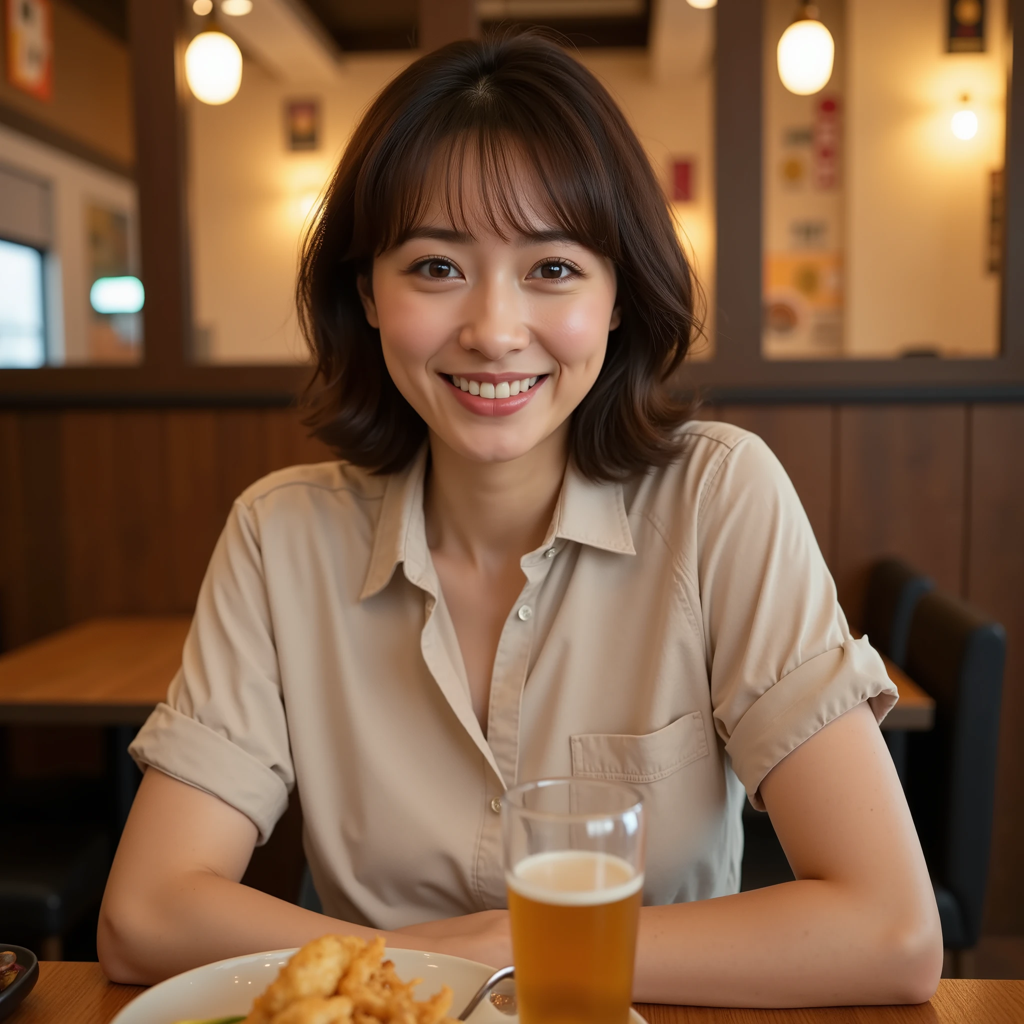 『 just for you :1.3』『 real photo :1.3』最高quality:1.2、(( big breasts))、 with slightly visible cleavage 、(( young woman))、(( have red cheeks ))『smiling with teeth:1.9』、((( anatomically correct、 perfect anatomy、 anatomically correct指)))、 realistic, 最高quality, super high definition, RAW photo, (Curvy body)、( realistic:1.3), Detailed, quality, Rembrandt Lighting, (Masterpiece:1.2), (photo realistic:1.2), (best quality), ( detailed skin:1.3), ( Intricate Details), dramatic, ray tracing, 1 girl, Japanese girl , 21 years old, detailed skin texture, (:0.5), ( goosebumps:0.5), Subsurface Scattering , smiles, medium boobs , Short Hair Curls, bangs, hair between eyes, casual shirt , is sitting, (Tempura, Beer :1.2), table , (pov across table :1.1), Poster, cooking, (Warm lighting, Japanese restaurant),