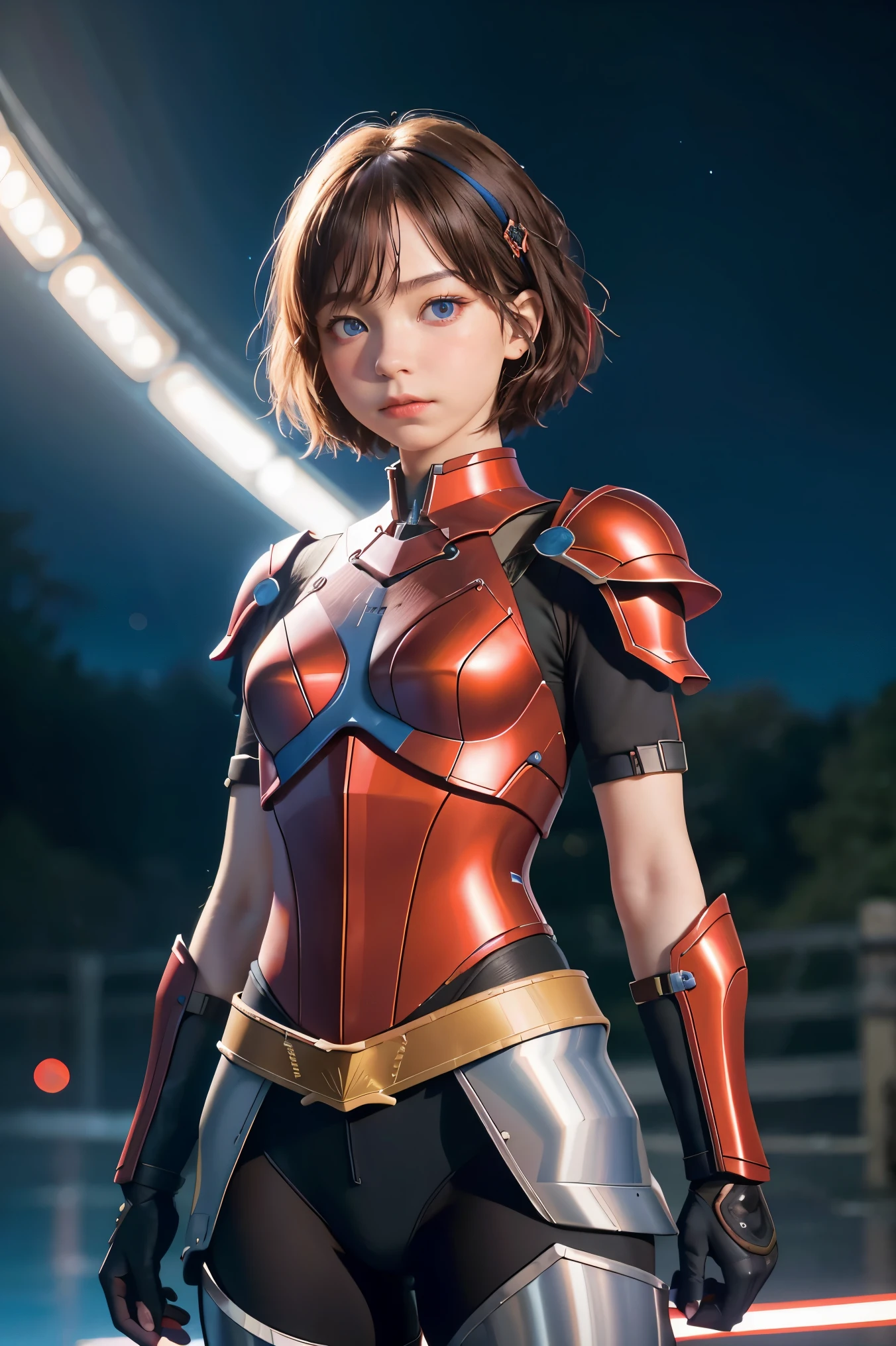（1 Adult female），A high resolution， Sharp focus， Pixiv masterpiece， （（Complicated details））， highly detailed， natsuki_subaru， 1 man， The expression is serious，full bodyesbian， blue colored eyes（eyes glowing）， red short hair，red armor，Wear arm guards，Wear a belt，perspire，look from down