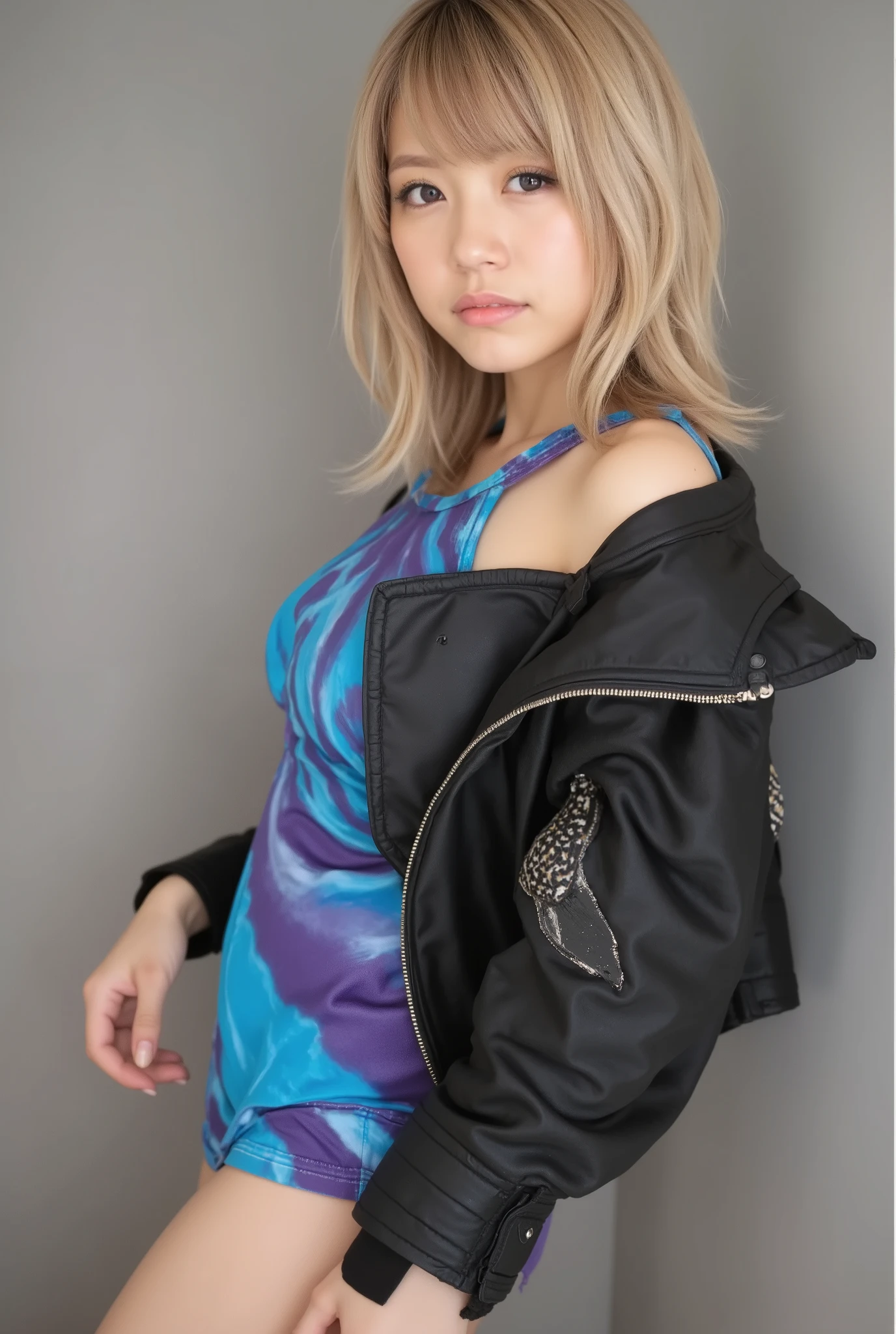 20 year old woman, short blonde hair, medium breasts, blue purple dress, black cropped leather jacket, thigh highs, spandex underwear, muscular body, small hips,