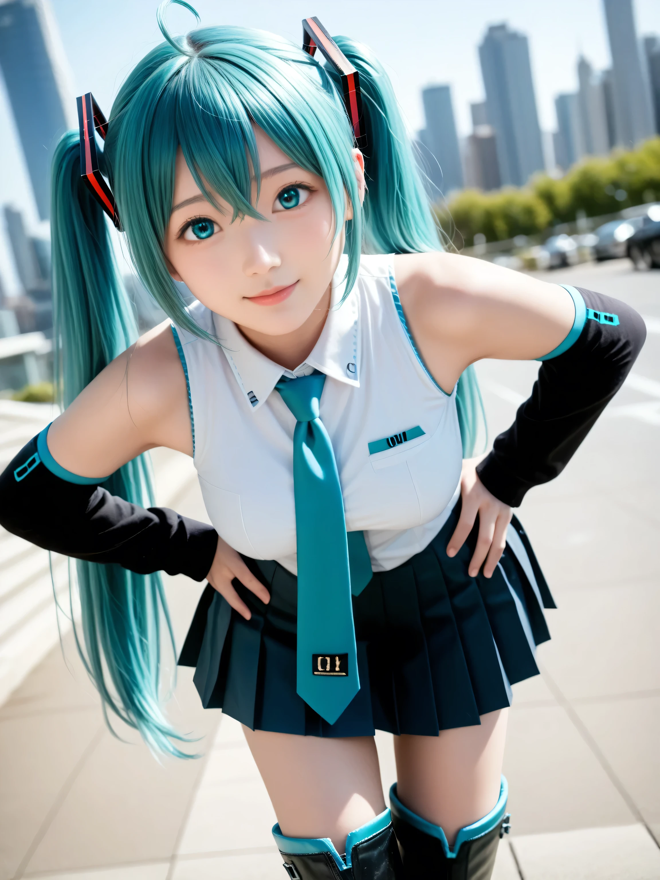 score_9, score_8_up, score_7_up, source_photo, realistic, photo, (((masterpiece, best quality))), ((((best quality, realistic, photo-realistic)))), ((((photorealistic)))), (((((19 years old))))), 1girl, mikuhatsune, miku hatsune, ahoge, ((((aqua eyes)))), ((((aqua hair)))), (((crossed bangs))), ((hair between eyes)), (((hair ornament))), headphones, long hair, ((((twintails)))), ((((mature female)))), ((((aqua necktie)))), black footwear, ((((black skirt)))), ((((black sleeves)))), boots, collared shirt, detached sleeves, grey shirt, necktie, ((((pleated skirt)))), shirt, skirt, ((((sleeveless)))), ((((sleeveless shirt)))), ((((thigh boots)))), tie clip, ((((depth of field)))), blurry background, Detailed face, ((((medium breasts)))), big breasts, ((solo)), busty, ((1girl)), beautiful breasts, beautiful ass, shiny skin, ((((sharp focus)))), perfect hands, ((((outdoors)))), excited, happy, dutch angle, cowboy shot, cute face, ((pretty sister))), ((pretty)), ((ultra-detailed)), ((an extremely delicate and beautiful)), Beautiful eyes, (((big eyes:1.5))), (((sensual vibe))), ((((feeling pleasure)))), ((((ideal body)))), ((((energetic)))), ((perfect fingers)), (((realistic:1.4))), ((((cityscape)))), (((((sexy pose))))), (((((seductive pose))))), ((((leaning forward)))), white panties, ((((hands on own hip)))),