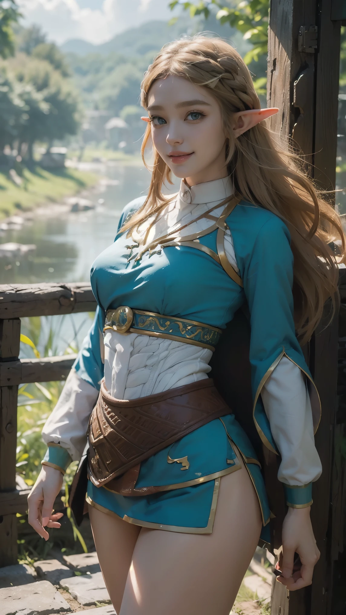 Zelda,(best qualityer,4K,8k,high resolution,work of art:1.2)(weather: cloudy), Japanese village background, Japanese garden, sleeveless top, cropped jacket, belt, pleated mini skirt, brown boots, eyeliner, long wavy hair, blonde hair, elf ears, ultra detailed, realistic, portrait, beautiful detailed green eyes, glowing eyes, blush, beautiful detailed lips, extremely detailed eye and face, long eyelashes, sexy, average, large breasts, beaming smile, flirty smile, powerful girl, sexy posture, stunning curves, bright coloured, dramatic lighting,