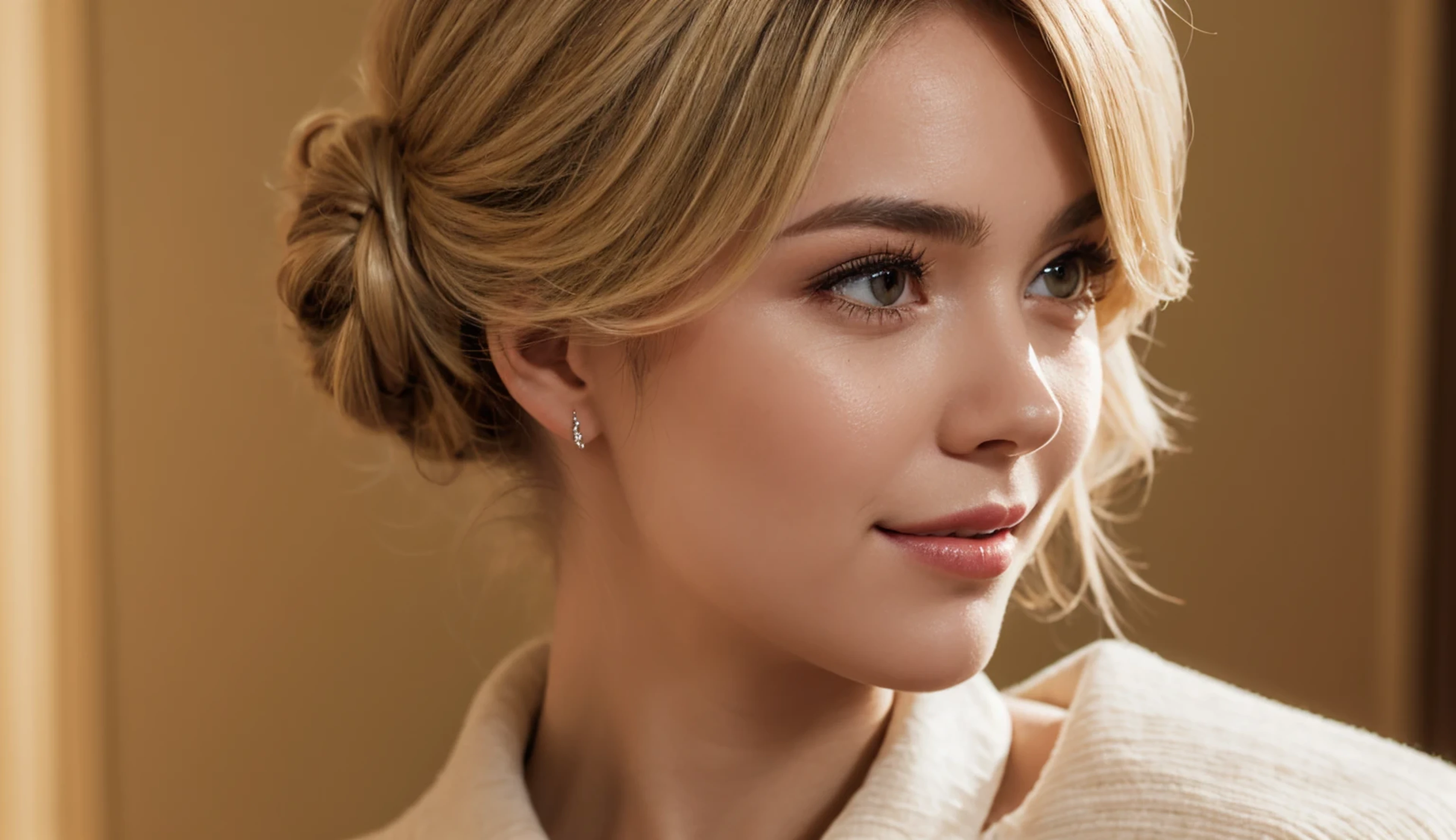Full color, One shot of the face from the side, Backlighting, Super close-up, Young Nordic beauty, Kimono, Blonde hair, Chignon, Ornate hairpin, Straggling hair, Thin neck, Beautiful nape, Gentle smile, Half collar, Bright room,