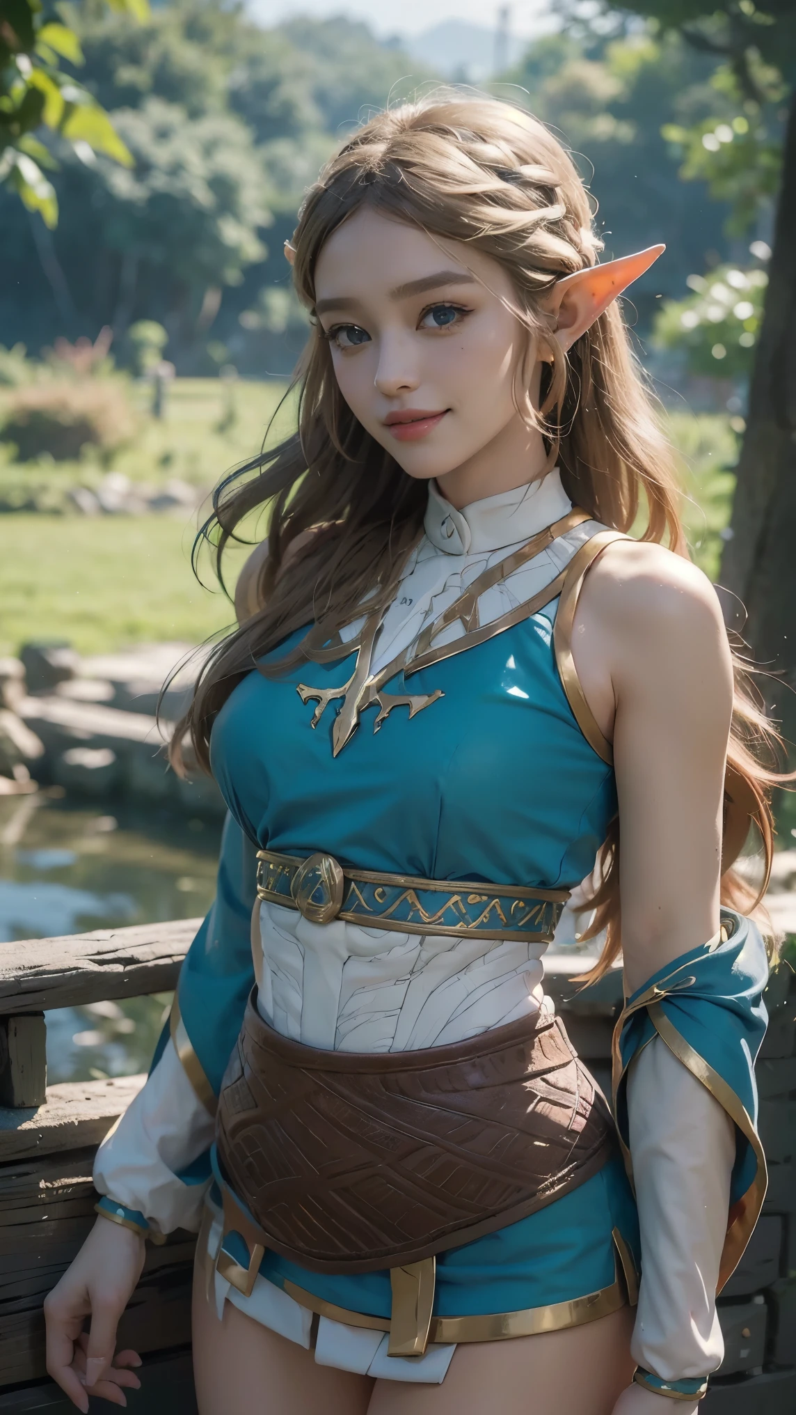 Zelda,(best qualityer,4K,8k,high resolution,work of art:1.2)(weather: cloudy), Japanese village background, Japanese garden, sleeveless top, cropped jacket, belt, pleated mini skirt, brown boots, eyeliner, long wavy hair, blonde hair, elf ears, ultra detailed, realistic, portrait, beautiful detailed green eyes, glowing eyes, blush, beautiful detailed lips, extremely detailed eye and face, long eyelashes, sexy, average, large breasts, beaming smile, flirty smile, powerful girl, sexy posture, stunning curves, bright coloured, dramatic lighting,
