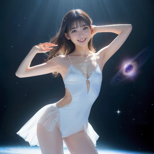 Full body photo　Asian　woman　smile　Sky Blue Bra　night　Starry Sky　Milky Way