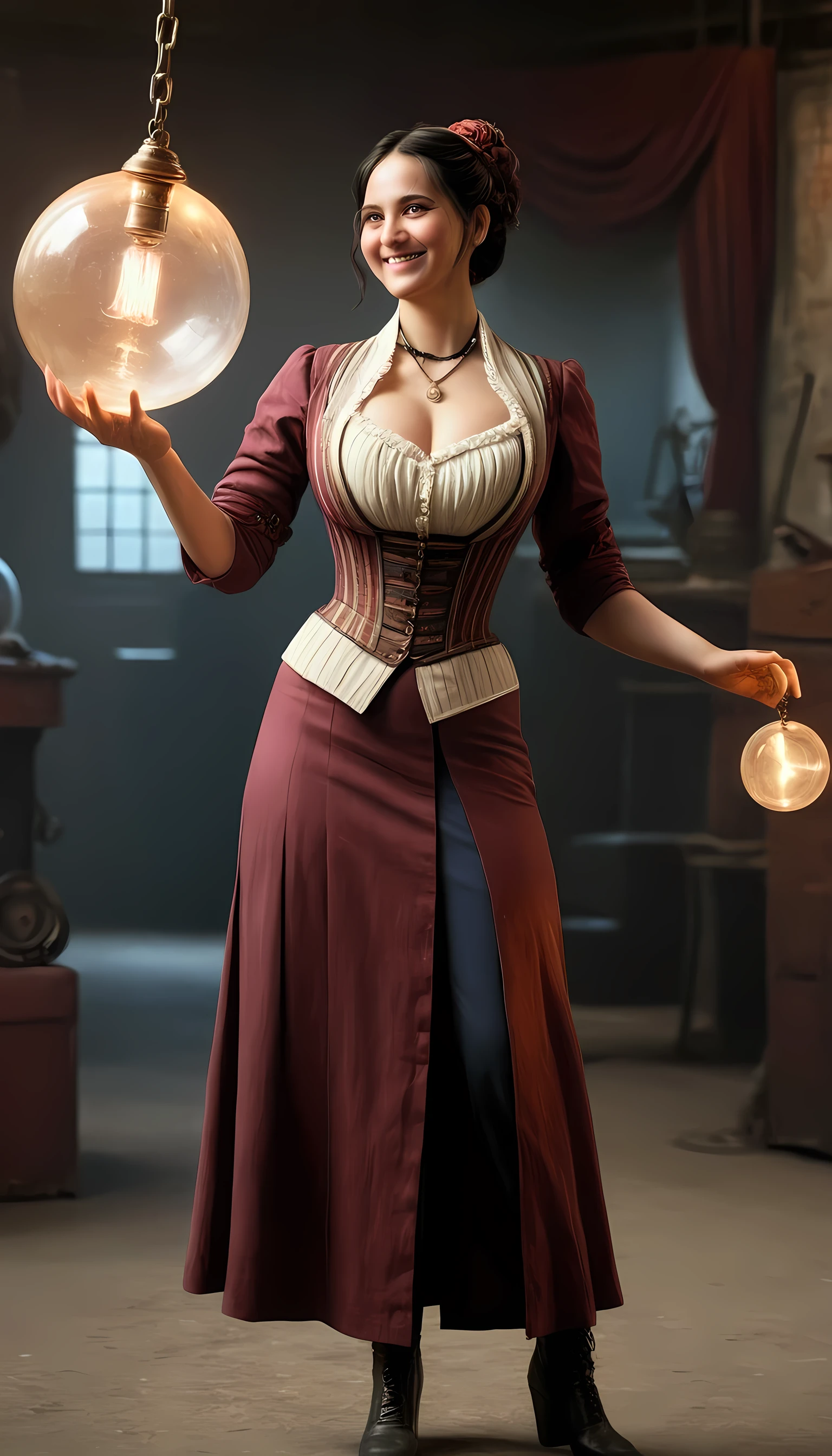 A hyper-realistic scene set in the Industrial Revolution era, featuring a symmetrically balanced composition with a wide-angle view. The central subject is a lively, vivacious woman with a shapely body, wearing traditional 19th-century folk wardrobe dress. She is smiling and holding a large, intricately chained iron pendulum ball. The background showcases a 19th-century interior design with central leading lines, creating a cinematic angle shot. The image has a UHD ambience with a zoomed-out perspective, realistic textures, soft lighting, and a full depth of field. The woman's hands are accurately detailed with full human finger anatomy, and her hair is shiny. The artwork has a steampunk aesthetic, with influences from the Far Cry 5 game and realistic accurately depiction.