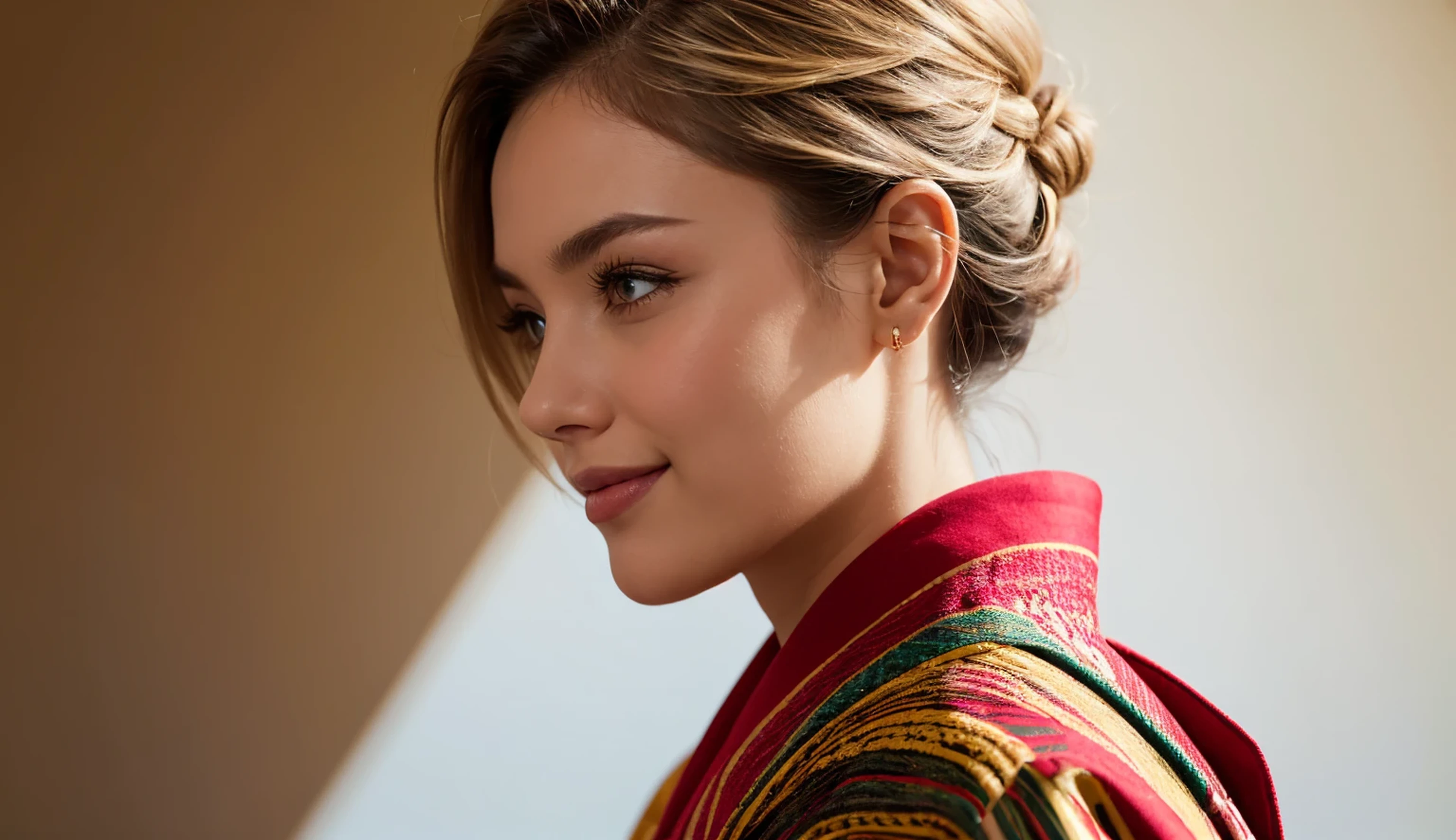 Full color, One shot of the face from the side, Backlighting, Super close-up, Young Nordic beauty, Kimono, Blonde hair, Chignon, Ornate hairpin, Straggling hair, Thin neck, Beautiful nape, Gentle smile, Half collar, Bright room,