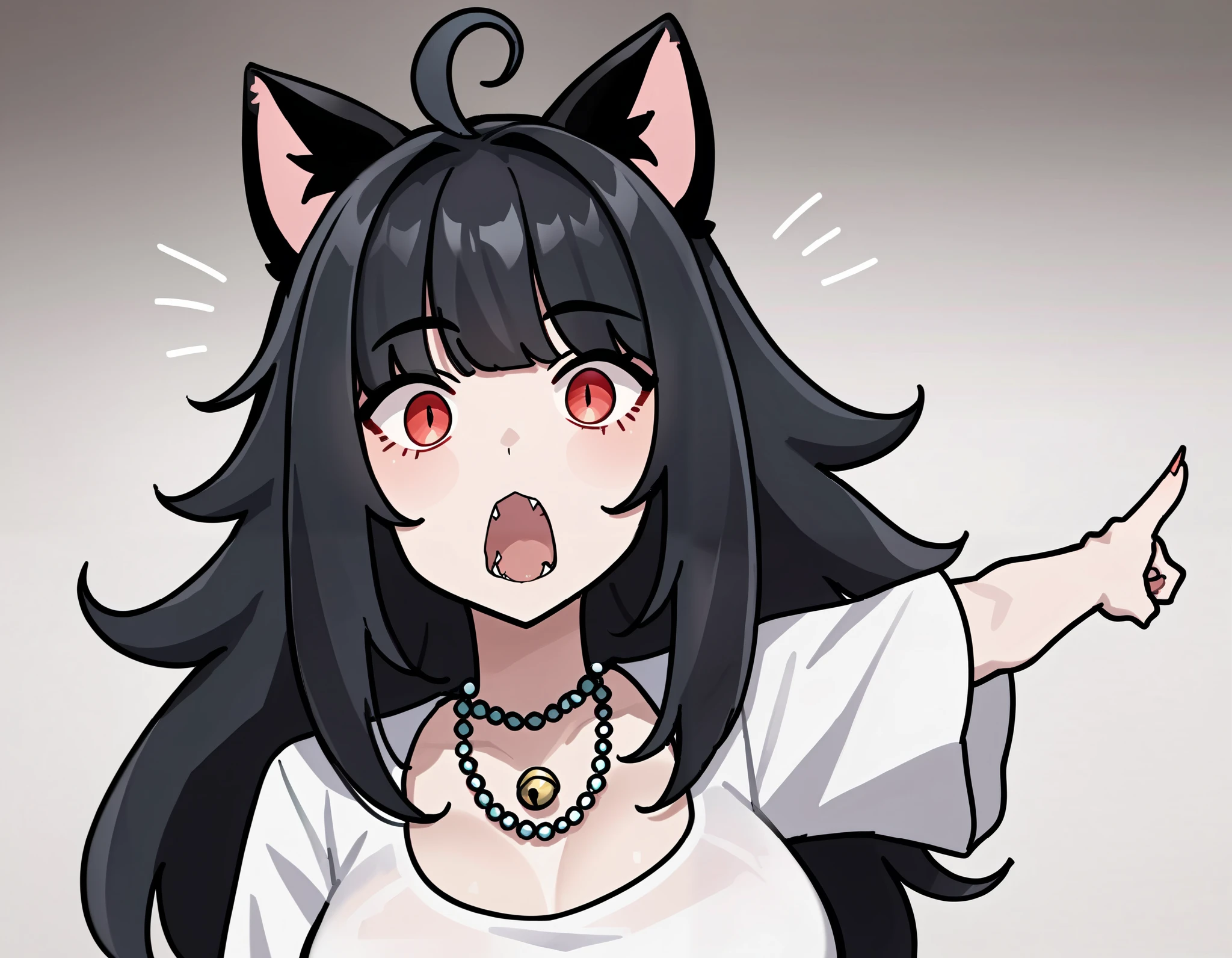 score_9, score_8_up, score_7_up, score_6_up BREAK, soyjacks, 1girl, solo, pointing, open mouth, :o, looking at the viewer, 1girl, solo, long black hair, red eyes, black hair, junkotvvxl, big breasts, ((cat girl, cat ears)) ((One multicolorido black hair, (Ahoge), straight bangs,)), necklace,