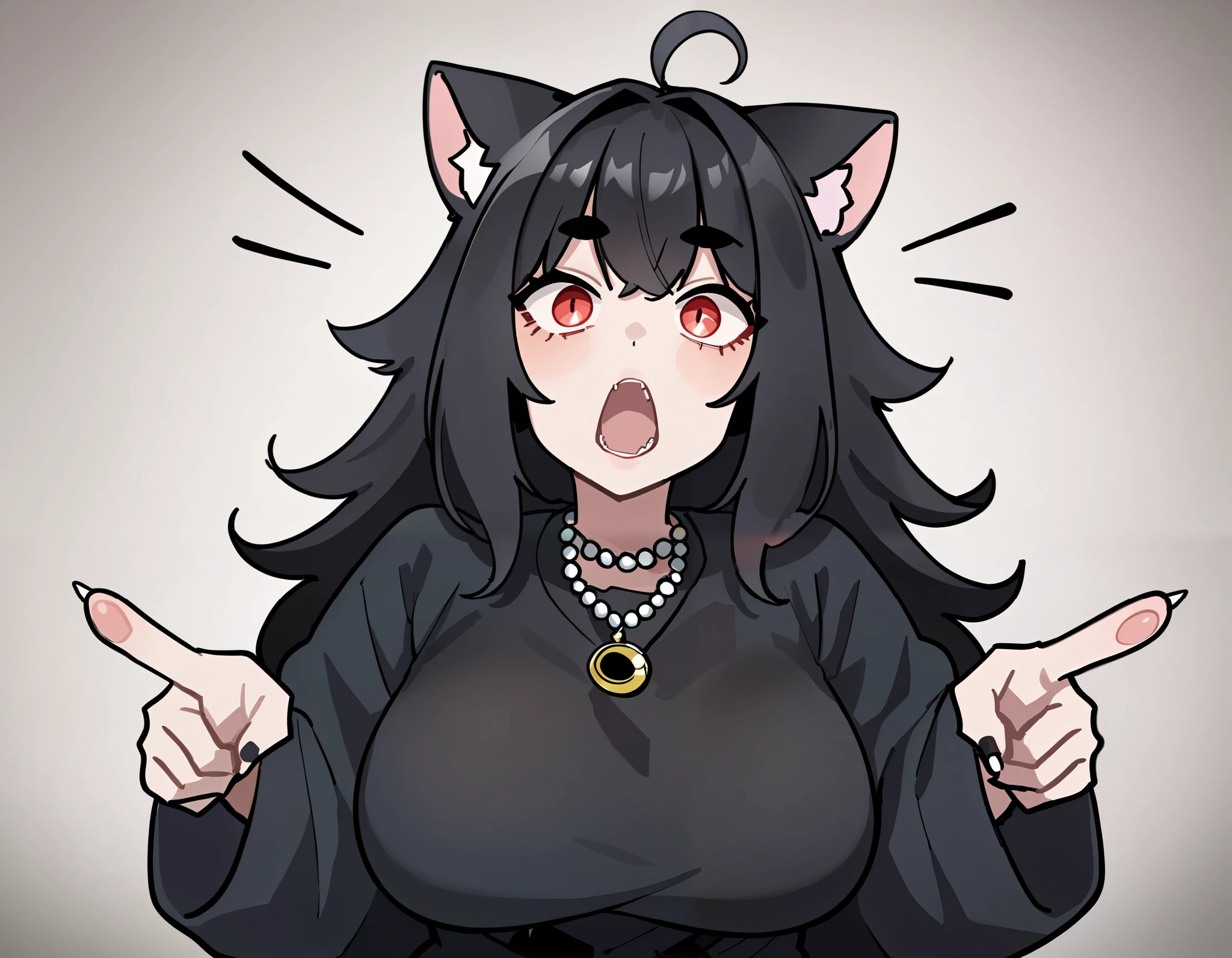 score_9, score_8_up, score_7_up, score_6_up BREAK, soyjacks, 1girl, solo, pointing, open mouth, :o, looking at the viewer, 1girl, solo, long black hair, red eyes, black hair, junkotvvxl, big breasts, ((cat girl, cat ears)) ((One multicolorido black hair, (Ahoge), straight bangs,)), necklace,