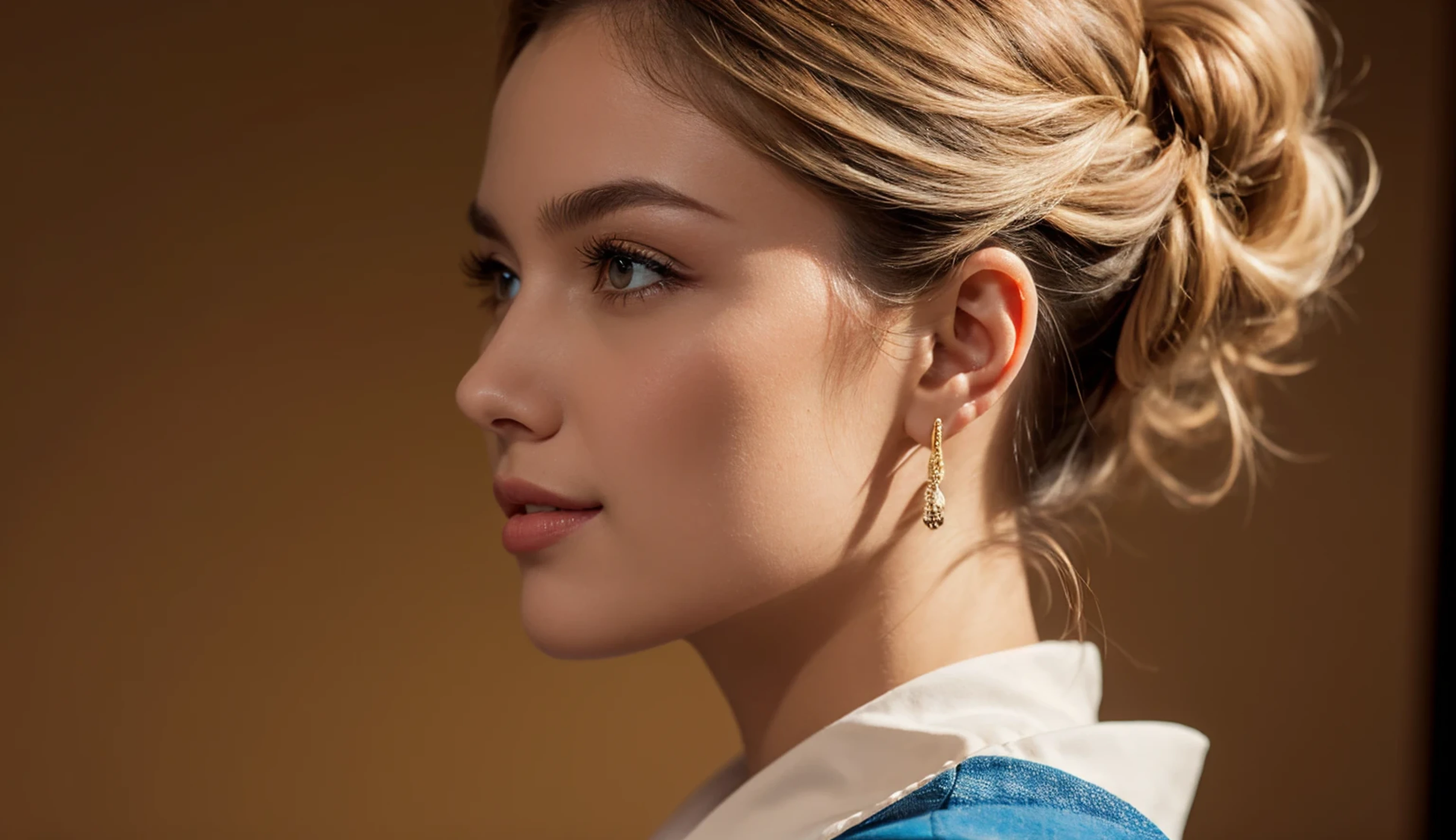Full color, One shot of the face from the side, Backlighting, Super close-up, Young Nordic beauty, Kimono, Blonde hair, Chignon, Ornate hairpin, Straggling hair, Thin neck, Beautiful nape, Gentle smile, Half collar, Bright room,