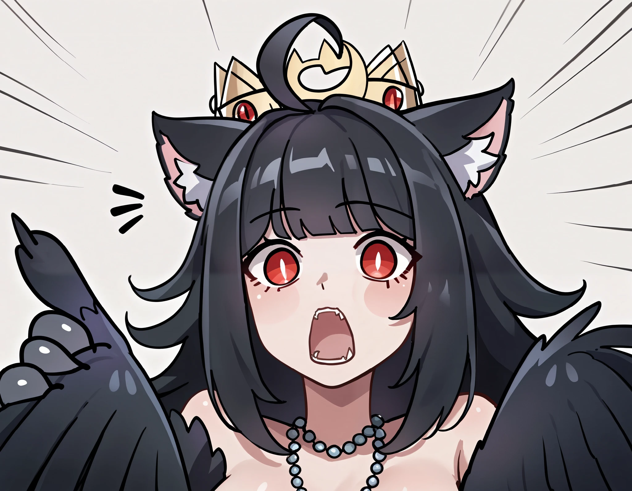 score_9, score_8_up, score_7_up, score_6_up BREAK, soyjacks, 1girl, solo, pointing, open mouth, :o, looking at the viewer, 1girl, solo, long black hair, red eyes, black hair,  junkotvvxl, big breasts, ((cat girl, cat ears)) ((One multicolorido black hair, (Ahoge), straight bangs,)), necklace, crown, monster girl, harpy, winged arms 