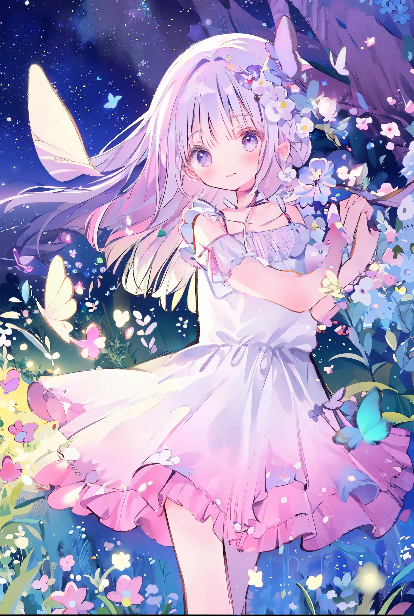 masterpiece, Concept Art, (Very detailed), Fairy Butterfly 1 Girl, Butterfly Wings, cute, elegant, Flowing purple hair, Magical Dress, magnum opta fly:1.5) Flying around her, Mythical Forest, Bathed in the fantastic moonlight, Tranquility, (Watching the audience), Bright colors, Volumetric lighting, hd,Panty shot,Panty shot,Panty shot,((whole body))((Get closer to people))