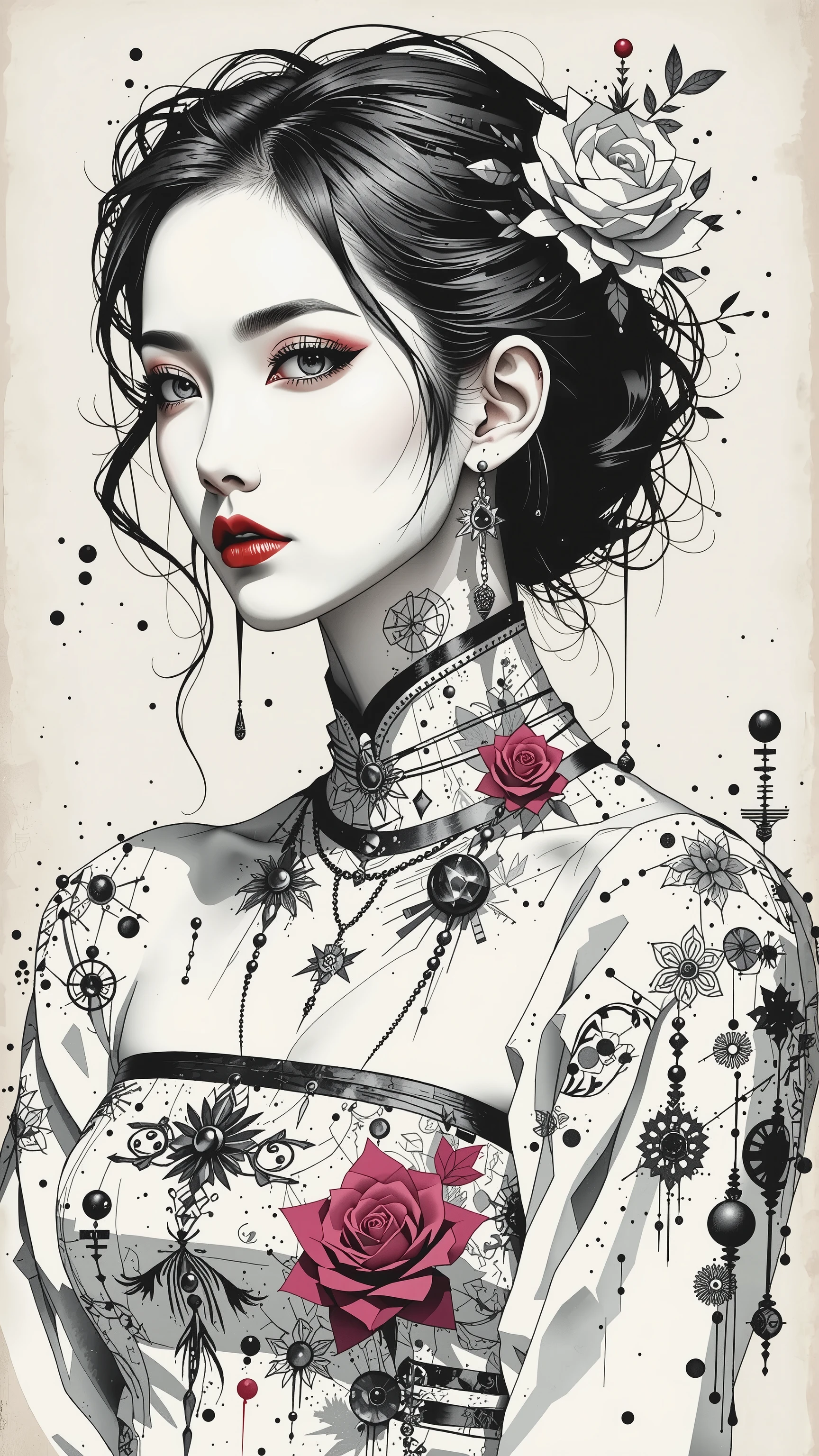 master piece:1.5、(minimal art, line drawing), woman、Black and white art:1.2、lips are red、Black and white world、silence、An ennui look、Densely drawn