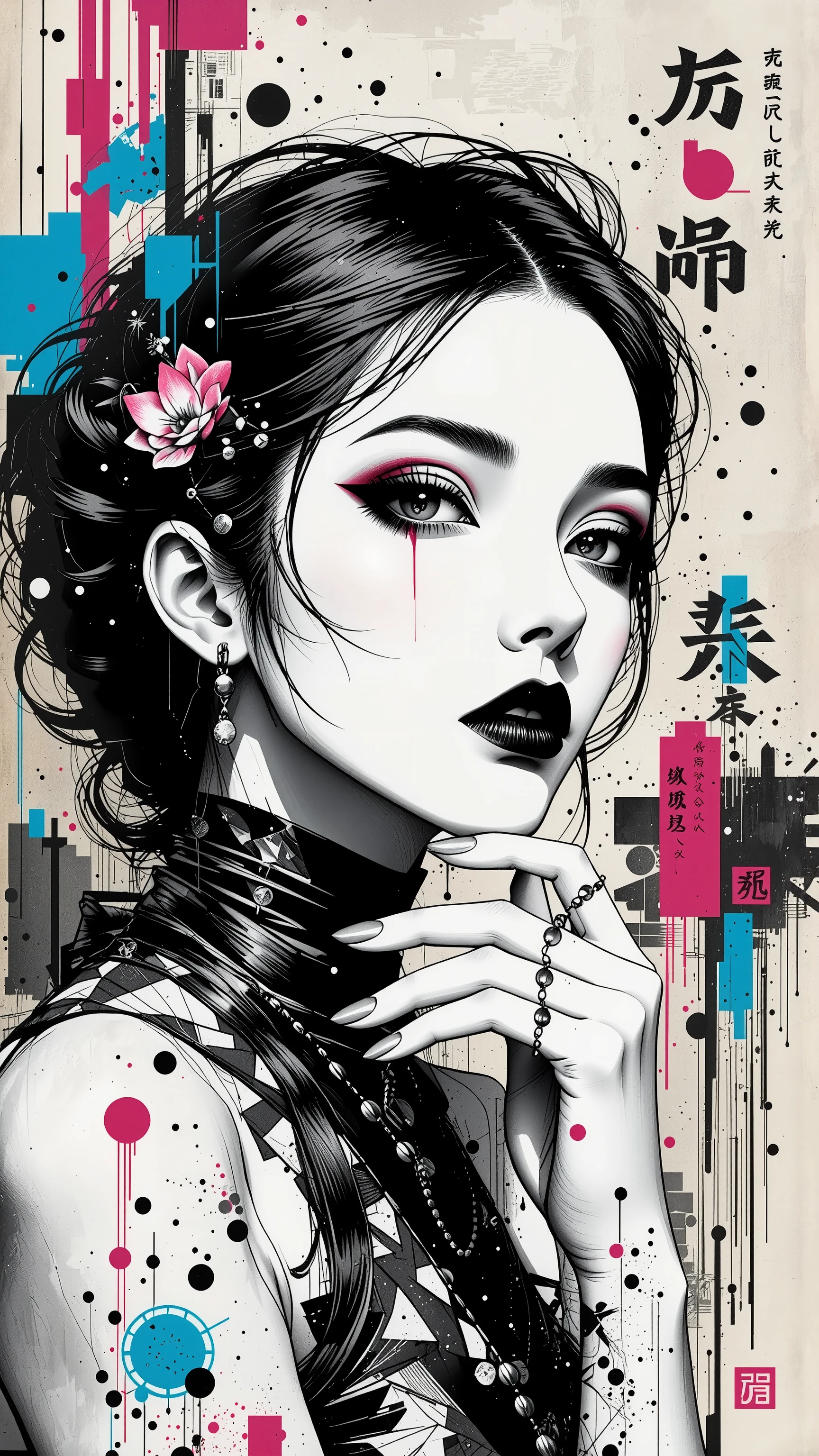 master piece:1.5、(minimal art, line drawing), woman、Black and white art:1.2、lips are red、Black and white world、silence、An ennui look、Densely drawn