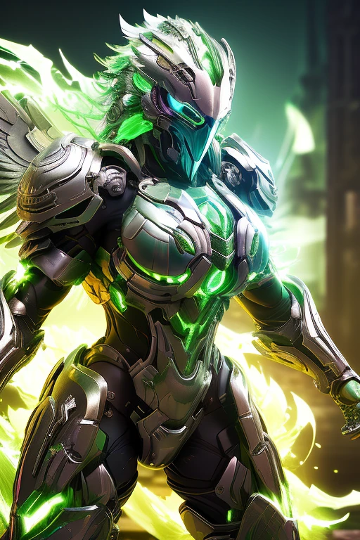 Green eagle, green eagle head, green armor, heavy crystal armor, wind elemental, green aura, muscle woman body, big breast, green background, photo up to thigh