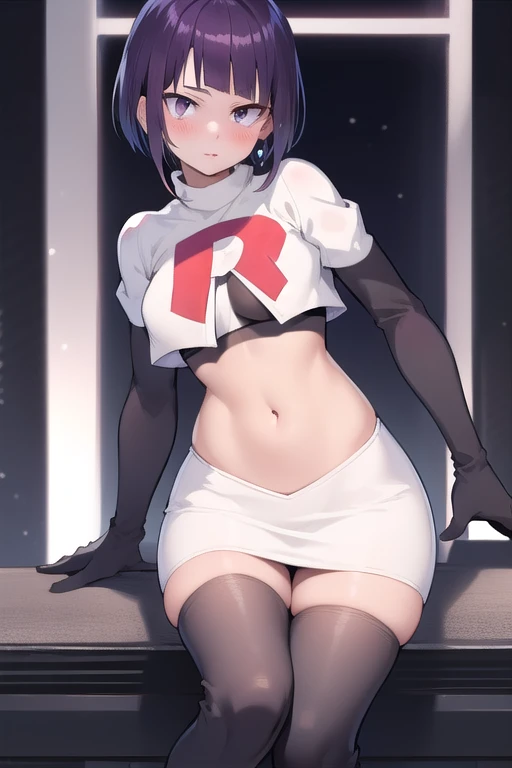 Himeno , team rocket,team rocket uniform,white skirt,red letter R,crop top,black thigh-highs,black elbow gloves