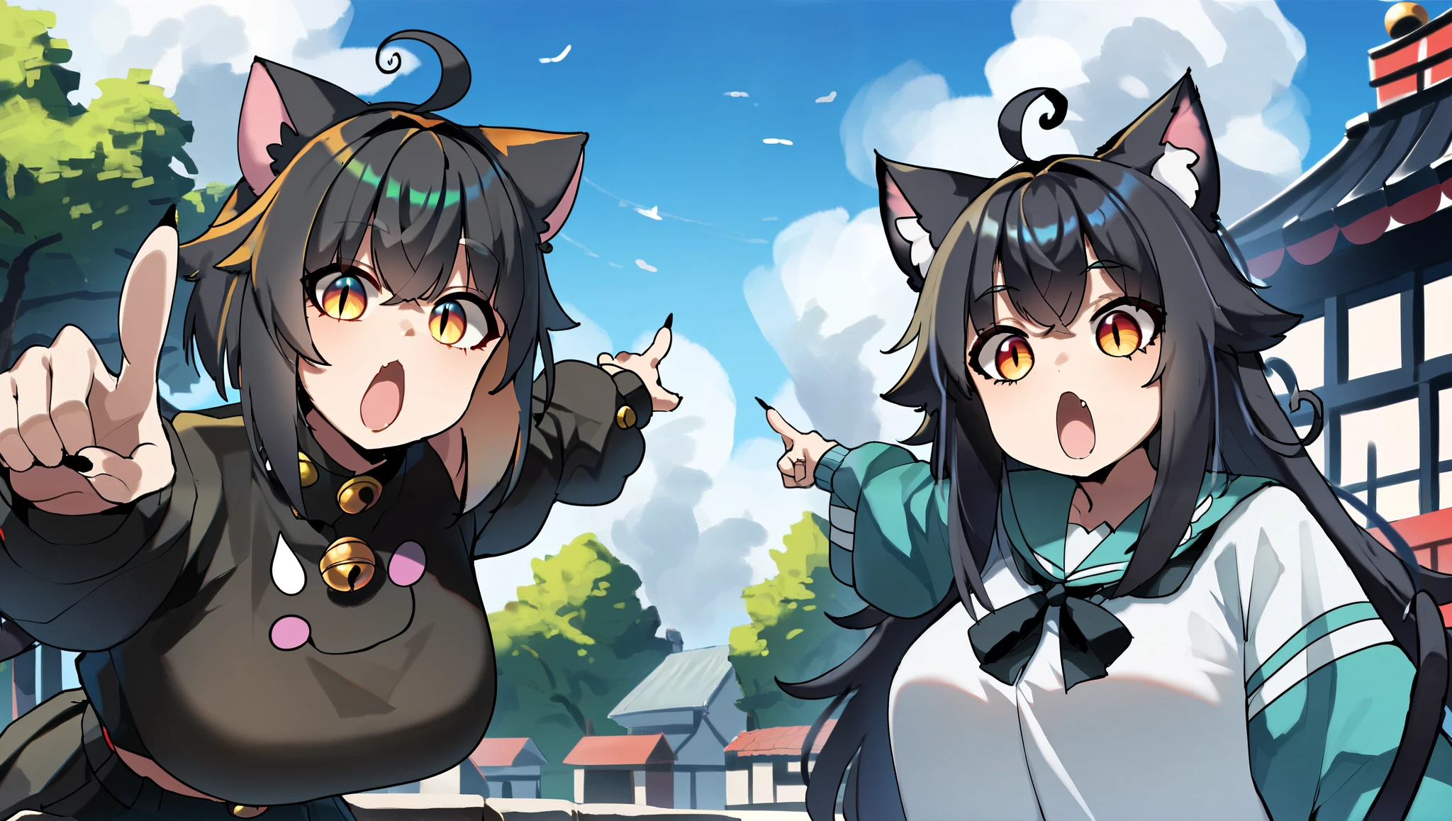 score_9, score_8_up, score_7_up, score_6_up, score_5_up, score_4_up, junkotvvxl, big breasts, ((cat girl, cat ears)) ((One multicolorido black hair, (Ahoge), straight bangs,)),
soyjacks, 2girls, pointing, open mouth, :o, looking at the viewer,