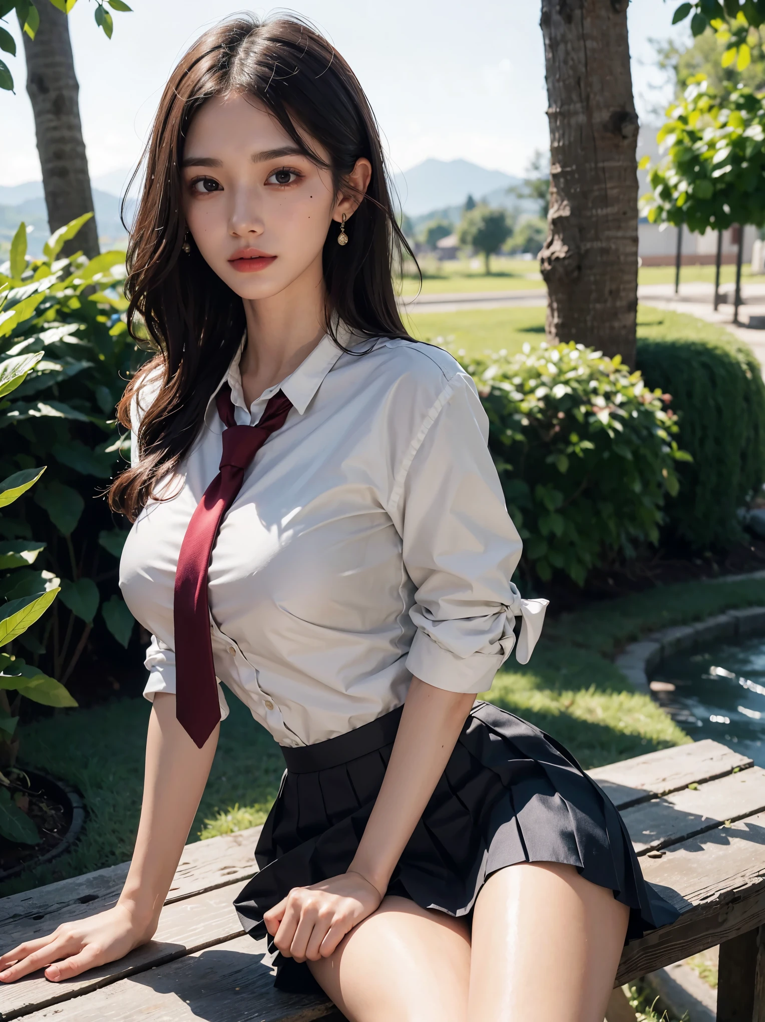 a full body portrait of a pretty malay girl, front side photo, slightly smiling towards camera, wearing open-front fitted satin shirt and short pleated skirt, ankle-cut boots, brown long hair, pretty hairstyle, laying on the grass, in a garden, digital painting, high resolution, sharpening image, highly textured, rim lighting