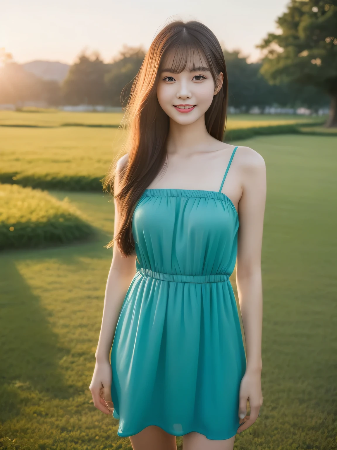 (best qualtiy，8K，32K，tmasterpiece，，realisticlying，The is very detailed, hyper HD：1.2), sea beach，Golden light，Young and beautiful beauty wearing a long light dress，Her skin is white and delicate,  Skin brightening, Star face, Step on fine soft sand，Long hair flutters gently in the breeze，The eyes are dark and bright，Ruddy lips slightly raised，Enchanted smile，Cool long dress，The skirt flutters，The color of the skirt is light blue-green，The material of the skirt is very light，A small garland is worn on the forehead，The color of the garland echoes the skirt
