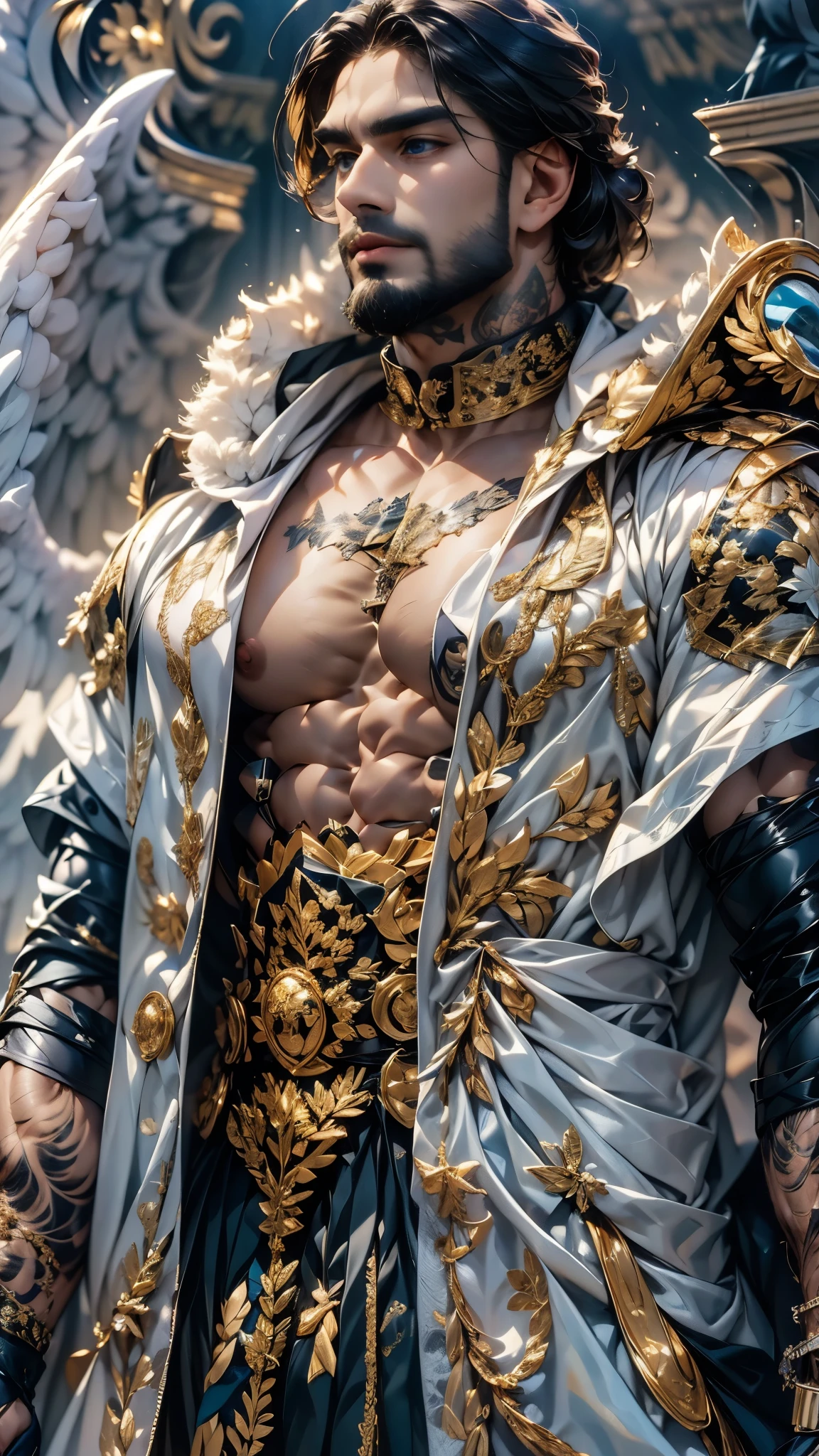 Daegan(1), male_character, detailed_face, no more characters, angel wings (symmetrical style), blue eyes (iris color), medium beard, black hair, belt, silver belt buckle, magician outfit, flowy tunic, pants, tattooed, tattooed arm(body), visual harmony, epic landscape, extremely detailed CG unity 4k wallpaper, best quality, amazing quality, very aesthetic, (ethereal particles:1.1), (dynamic pose:1.2), (epic soundtrack:1.2), (sense of awe:1.1), (magical prowess:1.1), over power, power up, sphere, extreme, focused. Top close-up, long black marble coat, pectorals push up royal shawl clothing, detailed background, depth of field, (muscular), in real marbles