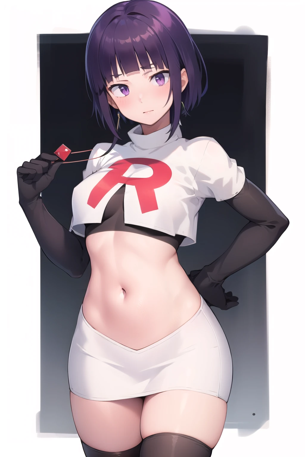 misatokatsuragi, misato katsuragi, long hair, (brown eyes:1.5), blue hair, (purple hair:1.2),
BREAK hat, jewelry, earrings, beret, red headwear, team rocket,team rocket uniform,white skirt,crop top,black thigh-highs,black elbow gloves
BREAK looking at viewer, (cowboy shot:1.5),
BREAK (masterpiece:1.2), best quality, high resolution, unity 8k wallpaper, (illustration:0.8), (beautiful detailed eyes:1.6), extremely detailed face, perfect lighting, extremely detailed CG, (perfect hands, perfect anatomy),