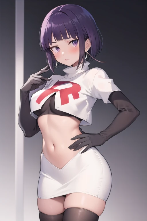 1girl, solo, sky, looking at viewer, cowboy shot, grimace, Cover stomach with both hands, team rocket uniform, white jacket, white skirt, pencil skirt, miniskirt, thighhigh boots, hand on hip, midriff,black bob cut, red eyes ,  red letter "R", <lora:teamRocketUniform_V1:1>
