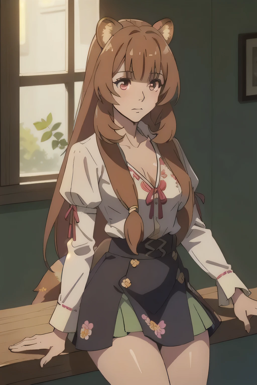 1 girl in, 18, photo of Raphtalia, Shield Hero Waifu, photo of perfect woman, Solo, Aesthetic artwork, (long hair, straight brown hair, long hair, brown hair, bangs: 1.25), (girl, raccoon girl, raccoon ears, animal ears, racoon tail, red eyes: 1.2), (clear skin, fare skin, medium breasts, B-cup, runners body, very thin waist, skinny, petite, detailed skin texture, (Masterpiece), (she wears a blue Casual Boho Floral Blouse Shirts V Neck Long Puff Sleeve Lightweight Chiffon:1.2), open shirt, cleavage, (blue mini skirt:1.1), heels, kneeling on table, splits kneeling, legs open, inside the bar, night shadows, (extremely detailed 8k wallpaper), soft lighting, high quality, film grain, 50mm, High Detail, Sharp focus, (natural light), (cowboy photo:1.2), light particles
