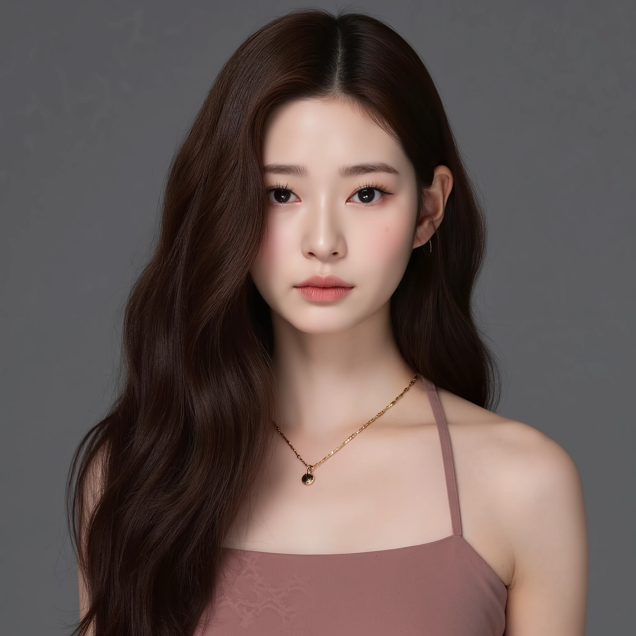 medium full shot of beautiful korean girl , long brown wavy hair, wearing halter dress, gray background, studio lighting, necklace, dslr, soft lighting, high quality, film grain, light reflections, blood vessels, pale skin, skin pores,blood vessels in sclera, detailed skin, beauty spots, skin fuzz,.