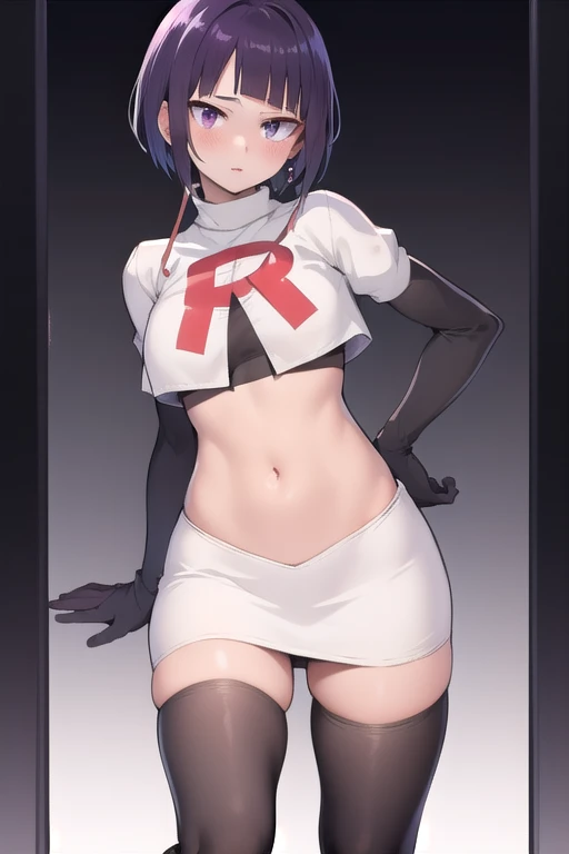 masterpiece, best quality, team rocket,team rocket uniform, swxy, virjin, stupid, villian,female officer's uniform, crop top, black pants, put pants over pelvis, panty