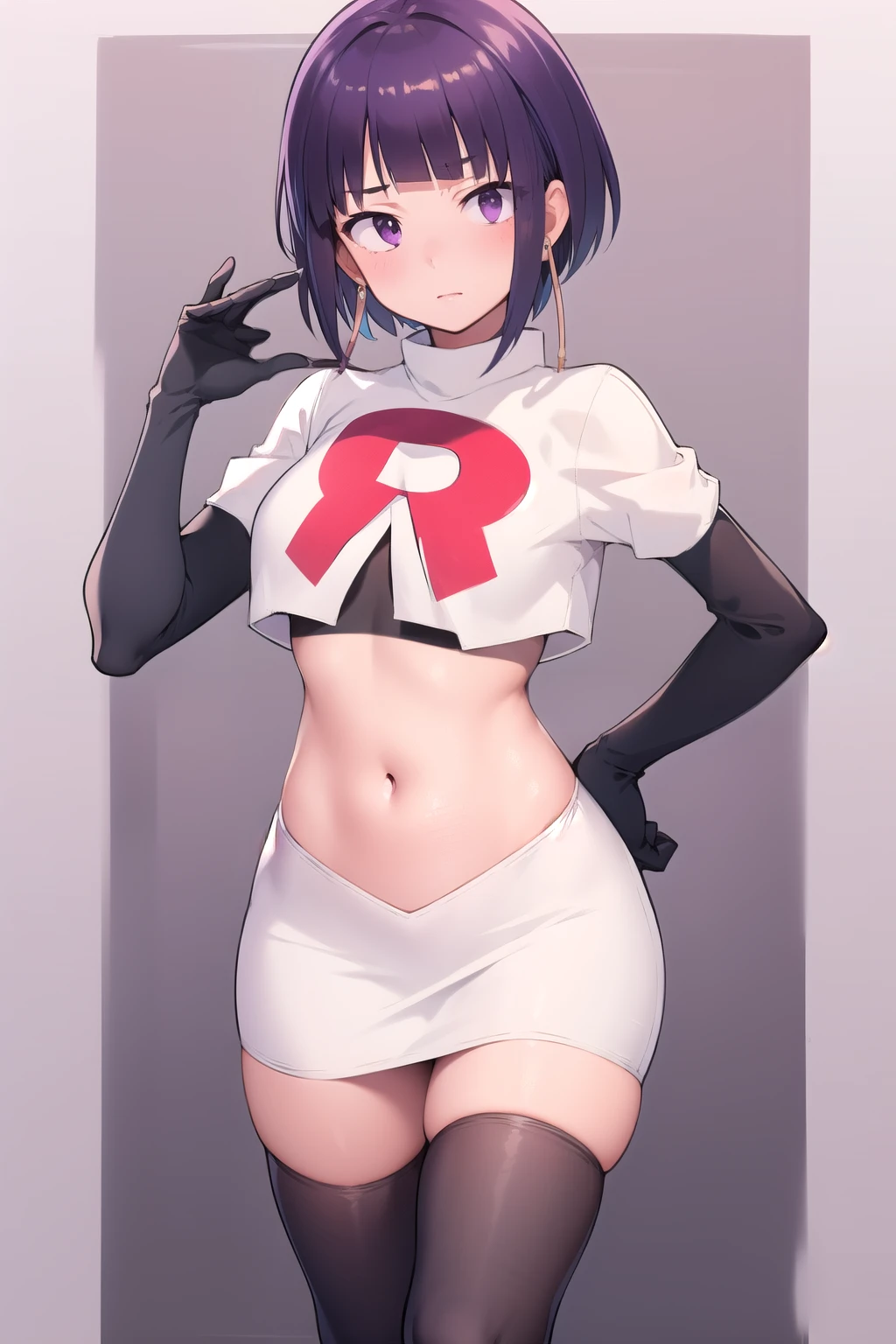 Kujou Sara Genshin, golden eyes,masterpiece, bestquality, 1girls, oversized breasts, head ornament,team rocket,team rocket uniform, red letter R, white skirt,white crop top,black thigh-highs,black elbow gloves