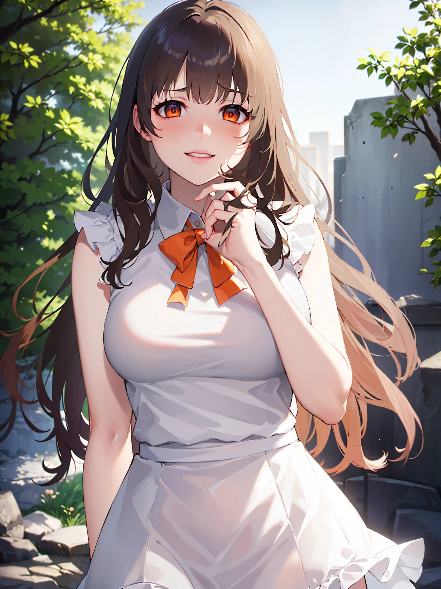 yandere,shaded face,masterpiece, best quality, detailed, Masterpiece, Great detailed pictures, RAW photo, photorealistic, Realistic, real person,(pale skin: 1.2), shiny skin, shiny hair, (25-year-old woman with medium hair with bangs) and (wavy hair) and (brown hair) and (orange eyes) ,(white) and (Sleeveless ruffled collared dress),smile, (embarrassed:1.4),The background is a park,shushing