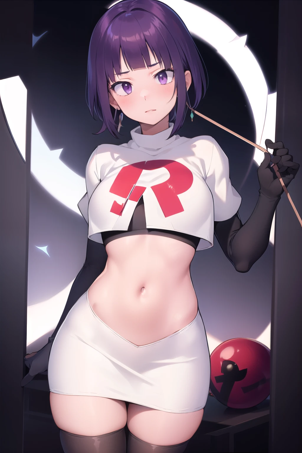 kyoka jiro, 1girl, solo, breasts, blush, short hair, bangs, simple background, white background, purple eyes, purple hair, blunt bangs,team rocket,team rocket uniform,white skirt,red letter R,crop top,black thigh-highs,black elbow gloves, long earlobes