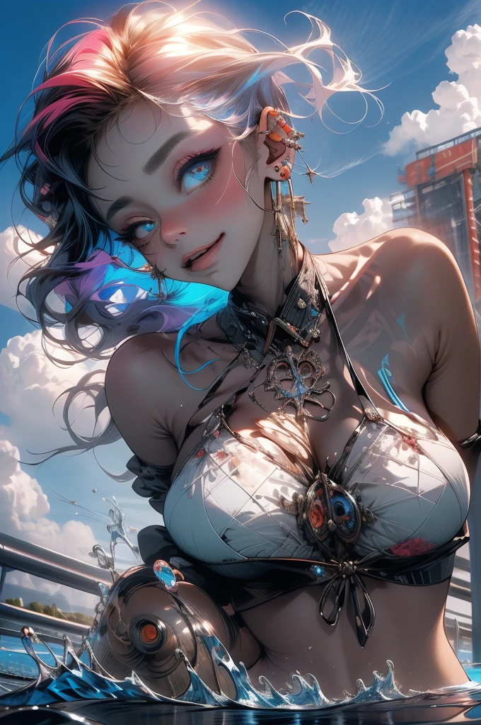((NSFW, topless:1.3)), (masterpiece, top quality, best quality, official art, beautiful, cosmic, atmospheric, psychedelic, dreamlike and aesthetic, swirling psychedelic cosmic graffiti patterns:1.2), (1girl), extreme detailed,(fractal art:1.3),colorful,highest detailed, "(Best Quality, 8K, 32K, masutepiece:1.3), Ultra-detailed, (Photorealistic:1.4), pink and white colors, perfect color scheme, albino, Punk rock Girl, Detailed moonlight eyes, full body portrait, Luxurious neon blue punk hair, Edgy Harajuku-inspired punk rock fashion, super huge enormously gigantic , cleavage showing, Avant-garde makeup, Numerous piercings, Heavily tattooed body, swirling psychedelic cosmic dreamlike graffiti pattern background