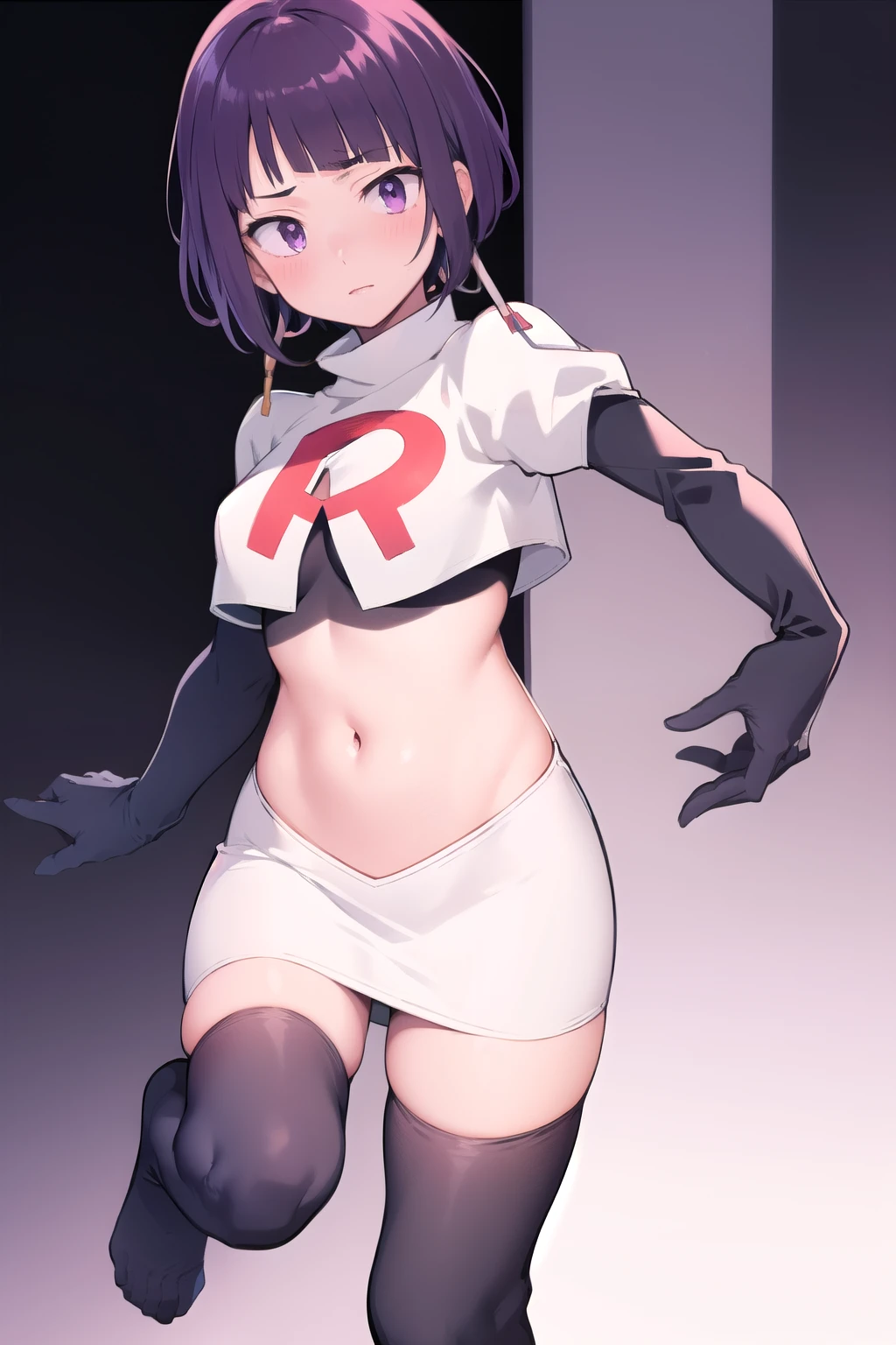 courtney, 1girl, solo, breasts, looking at viewer, short hair, bangs, simple background, white background, purple eyes, purple hair, horns, eyelashes, fake horns, horned headwear, team rocket,team rocket uniform, red letter R, white skirt,white crop top,black thigh-highs,black elbow gloves,