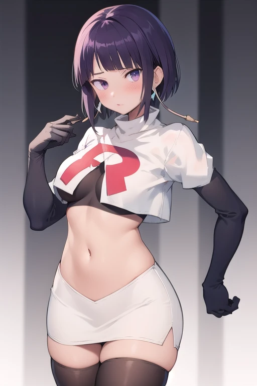 best quality, (masterpiece:1.2), illustration, absurdres, 
(1girl), (solo), (beautiful detailed girl),
Miyako Yoshika, (blue skin, purple skin:1.1), dark blue hair, purple eyes, medium breasts, zombie, jiangshi, undead
blue hat with a yellow star, ofuda on forehead, fangs, looking at viewer,
team rocket,team rocket uniform,white skirt,red letter R,crop top,black thigh-highs,black elbow gloves, cowboy shot,
