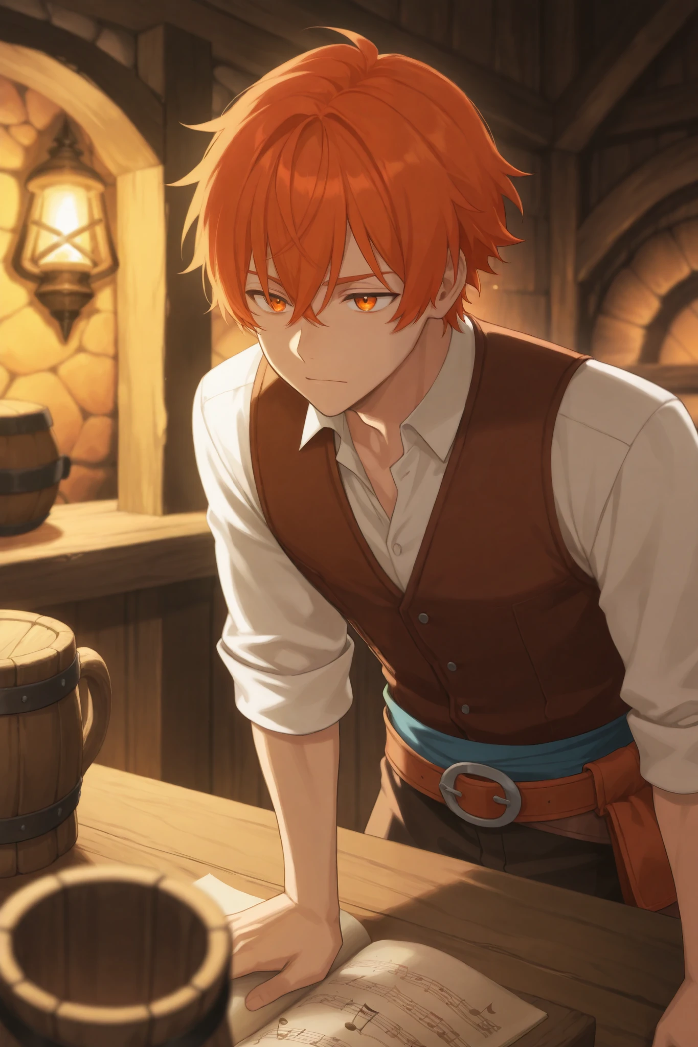 1 man, Orange red hair, short hair, orange eyes , Bard class, deep in a tavern, anime, , Playing a wooden viola, musical notes