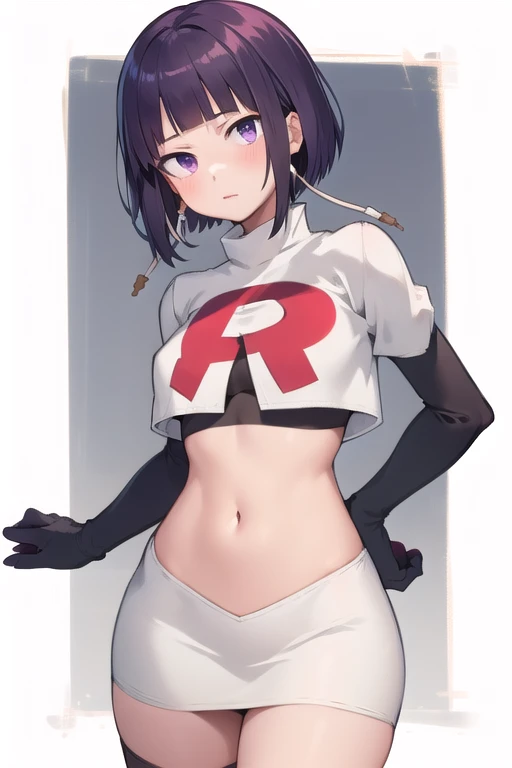 absurdres, cowboy shot, solo, male focus, trap, 1boy, crossdressing,1boy, oma kokichi, team rocket,team rocket uniform, red letter R, white skirt,white crop top,black thigh-highs,black elbow gloves, evil laugh, blush