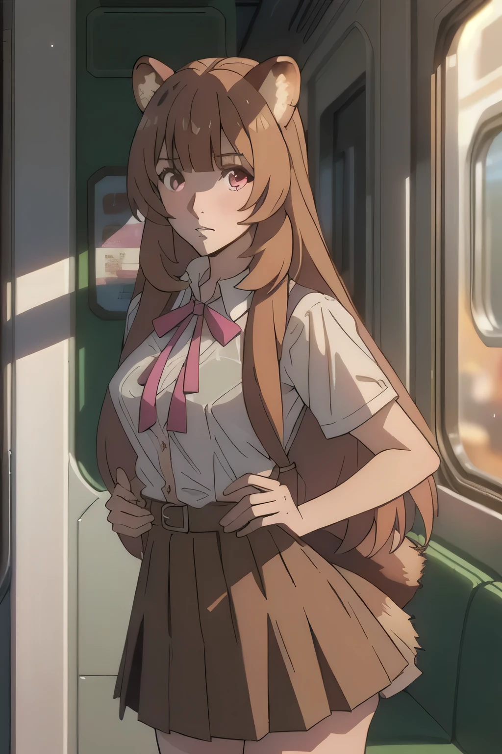 1 girl in, 18, photo of Raphtalia, Shield Hero Waifu, photo of perfect woman, Solo, Aesthetic artwork, (long hair, straight brown hair, long hair, brown hair, bangs: 1.25), (girl, raccoon girl, raccoon ears, animal ears, racoon tail, red eyes: 1.2), (clear skin, fare skin, medium breasts, B-cup, runners body, very thin waist, skinny, petite, detailed skin texture, (Masterpiece), (wearing a short sleeve button down white blouse, unbuttoned, jk ribbon, short pleated skirt pink, school girl uniform: 1.25), (Inside a crowded train with sunlight streaming in, leaning on a man, A man hugs the girl from behind on a train, the man is holding her), (extremely detailed 8k wallpaper), soft lighting, high quality, film grain, 50mm, High Detail, Sharp focus, (natural light), (cowboy photo:1.2), light particles