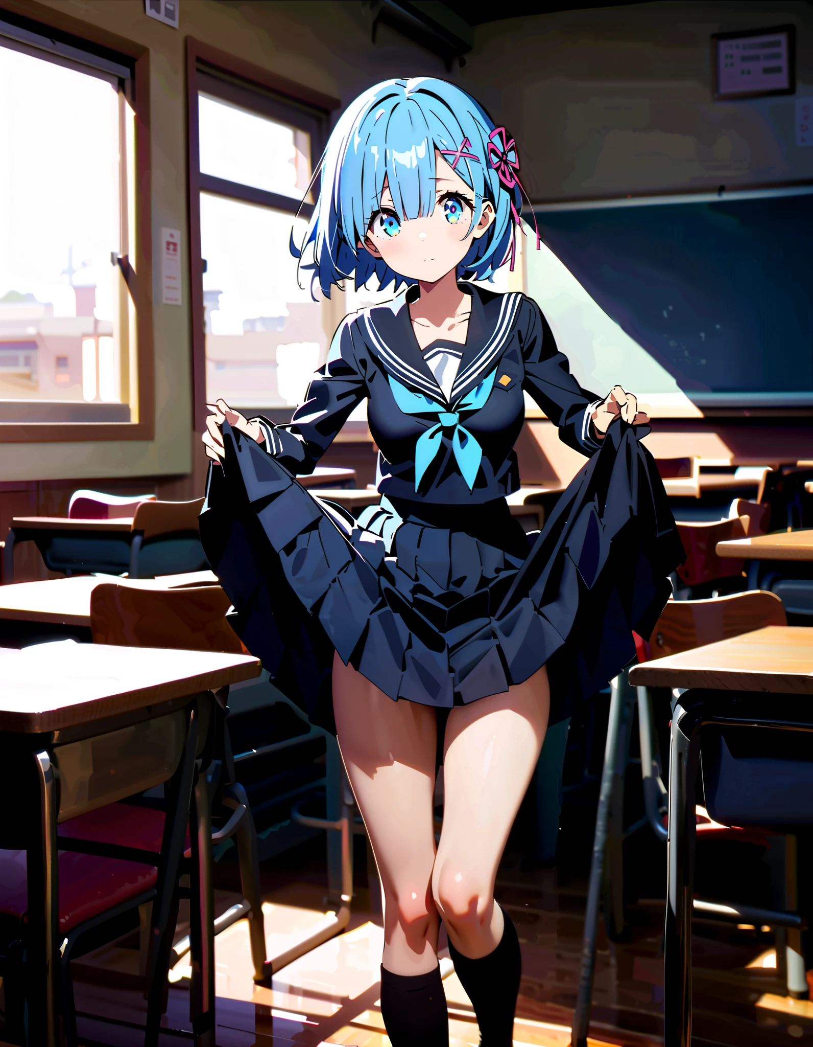 Rem, blue eyes,  ブルーhair,   hair ornament,  hair,  Hair Ribbon , ショートhair, x   hair ornament, Black sailor suit, black mini pleated skirt ,Black socks,Brown loafers,Grab the skirt with both hands and lift it , skirt lift,noon,whole bodyがイラストに入るように,                        break looking at viewer,whole body,
break indoors, classroom, 
break (masterpiece:1.2),  best quality ,  high resolution,  Unity 8K Wallpaper , (figure:0.8), ( precise and beautiful eyes:1.6),  highly detailed face,  PERFECT LIGHTING ,  very precise CG, (perfect hand,  perfect anatomy),