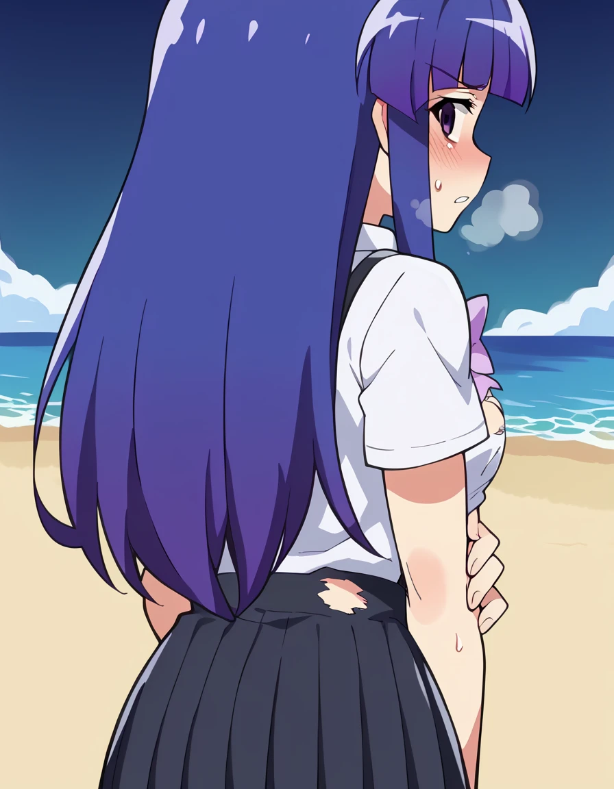 (score_9_up, score_8_up, score_7_up), (masterpiece, best quality, ultra detailed, intricate details, source アニメ, high resolution, smooth lines), hoshino ai, 1girl, 独奏, Purple Hair, Purple eyes, Long Hair, (star-shaped pupils:1.2), アニメ, peace fingers, medium breasts, completely nude, NSFW, アニメ screencap, (back view) thighs, (butt meat), small areolas, small butt