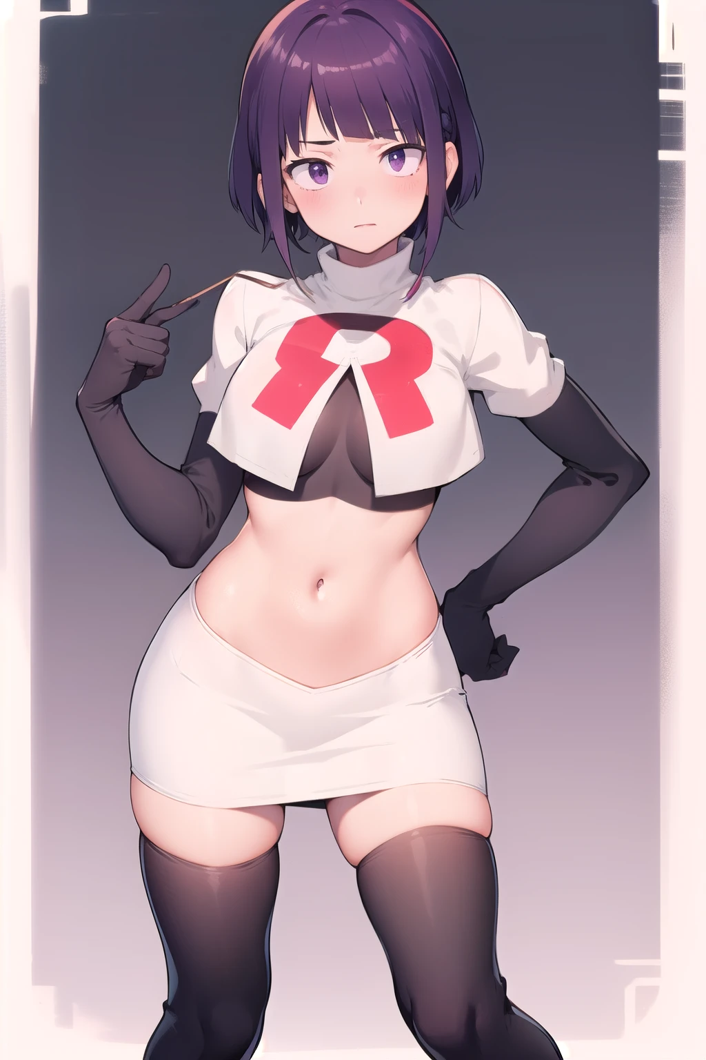 mai, 1girl, breasts, looking at viewer, short hair, blue eyes, black hair, hair ornament, bow-shaped hair, team rocket,team rocket uniform,white skirt,crop top,black thigh-highs,black elbow gloves,