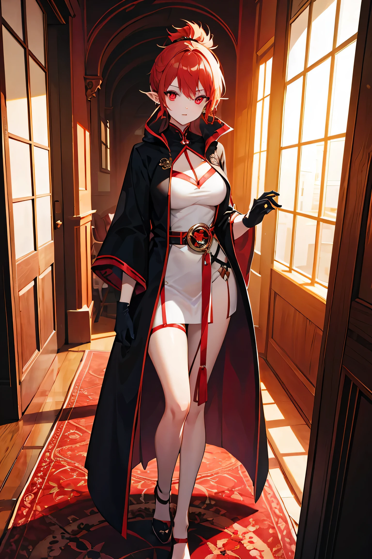 Rias gremory, beautiful woman hair updo upsweep, red head, (spreading legs), (full body clothes:1.3), sexy figure, (big boobs:1.3), (cute),(masterpiece) (best quality) (detailed) (8k) (HDR) (Anime) (cinematic lighting) (sharp focus) --auto