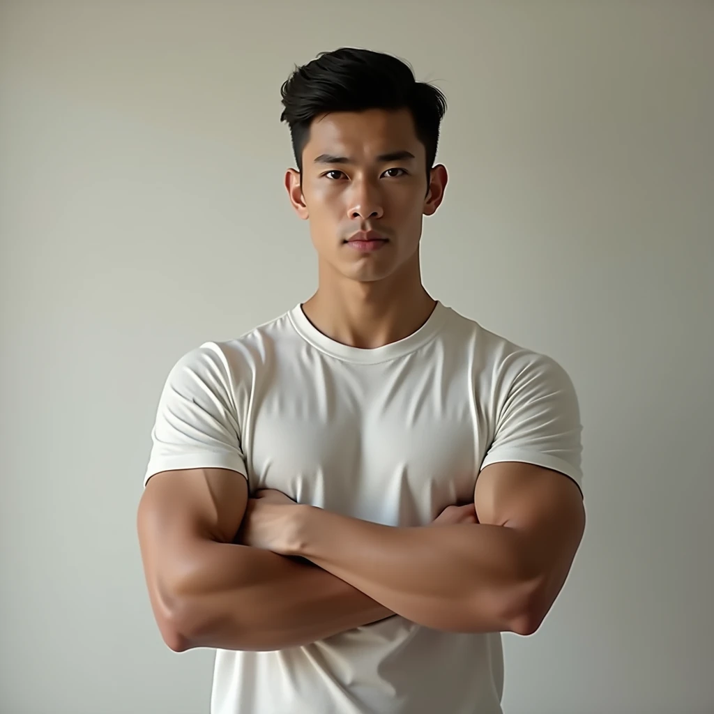 Afraid asain guy, white skin. Muscler, shirtless, beautiful body, wide shoulder, sitting on the floor, realistic, uper camera angle, pants, black cloth background, wooden floor