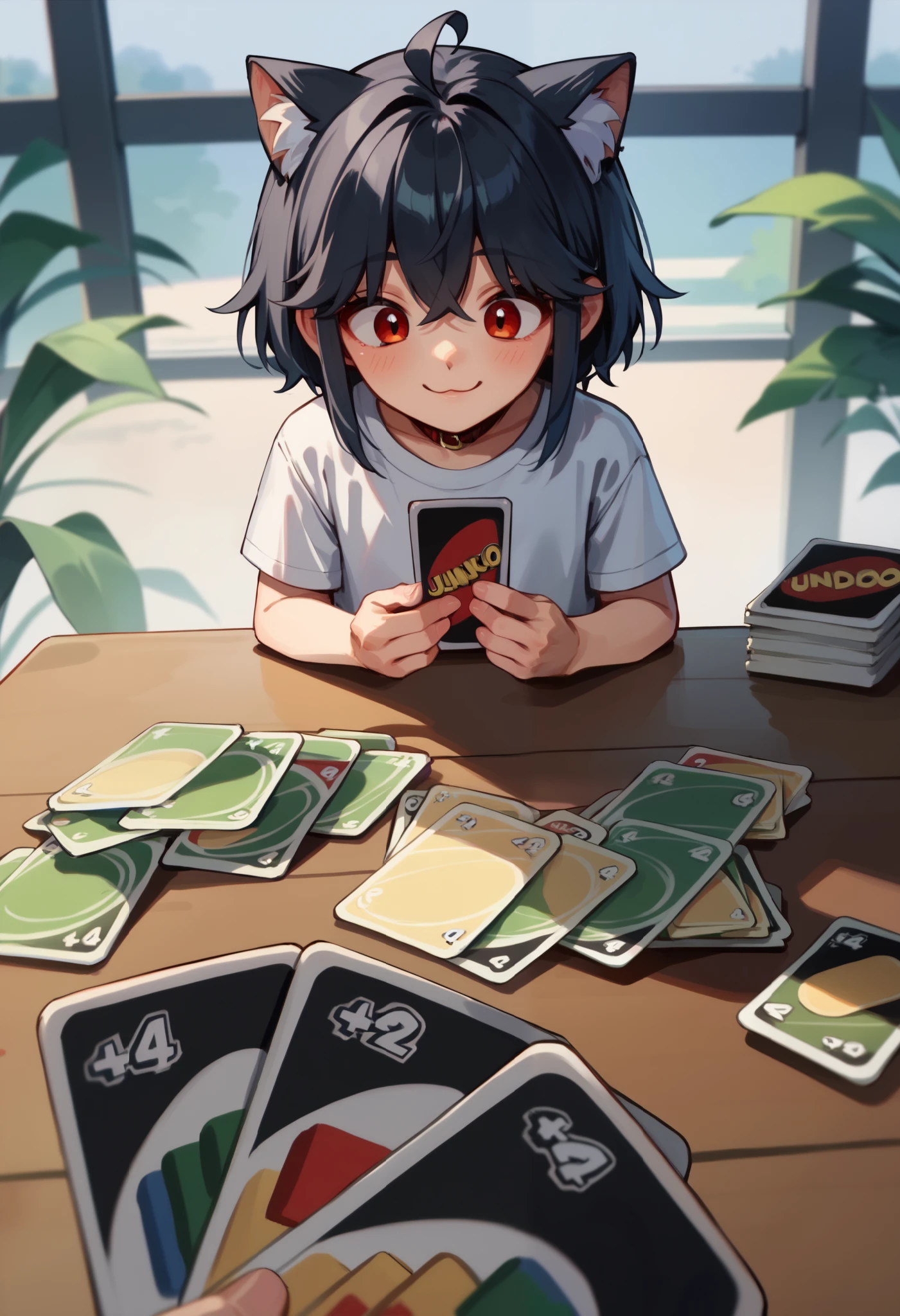 score_9, score_8_up, score_7_up, holding card, pov, playing card, table, smile, junkotvvxl, ((cat ears, red eyes)) ((One multicolorido black hair, (Ahoge), straight bangs,)),