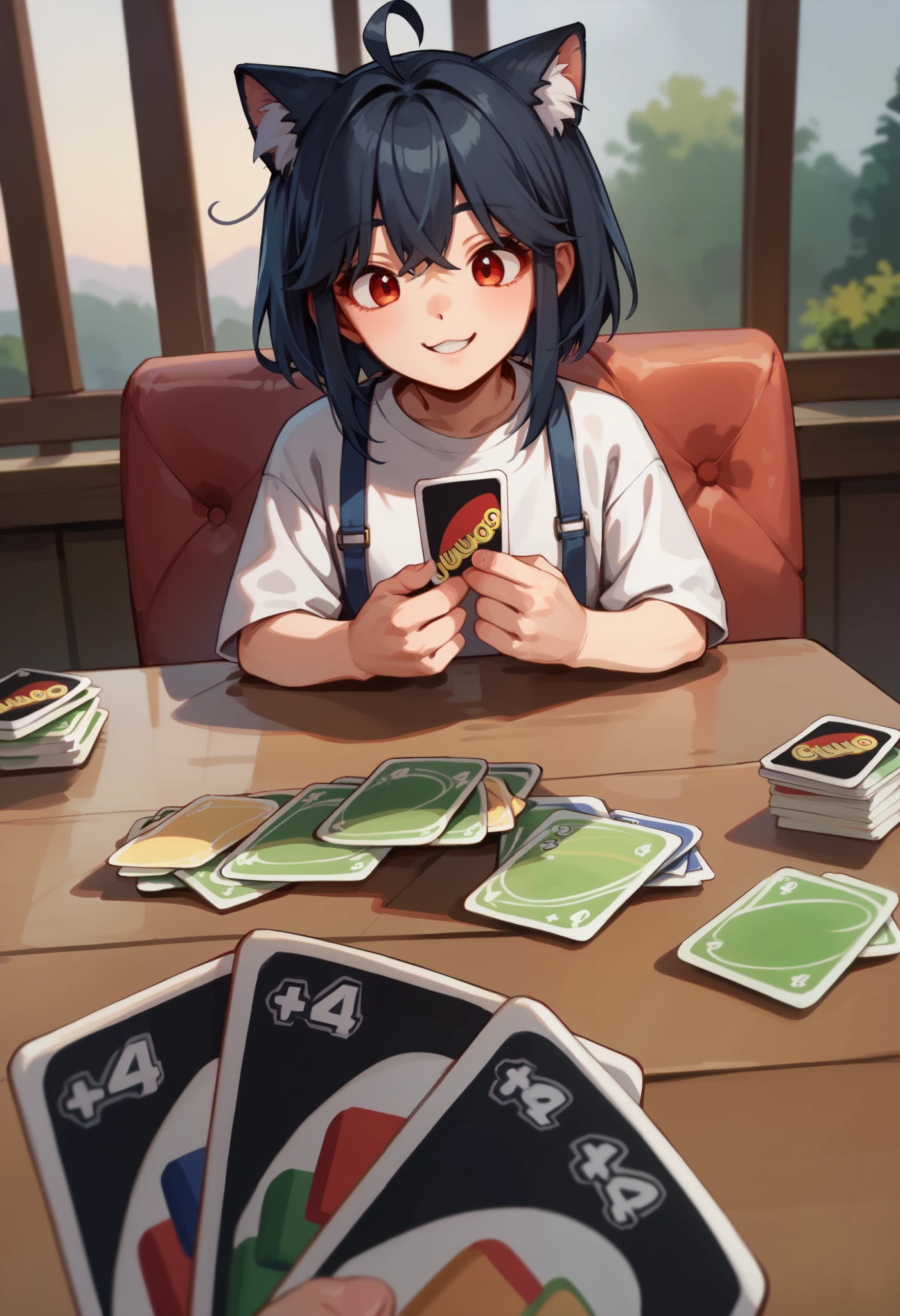 score_9, score_8_up, score_7_up, holding card, pov, playing card, table, smile, junkotvvxl, ((cat ears, red eyes)) ((One multicolorido black hair, (Ahoge), straight bangs,)),