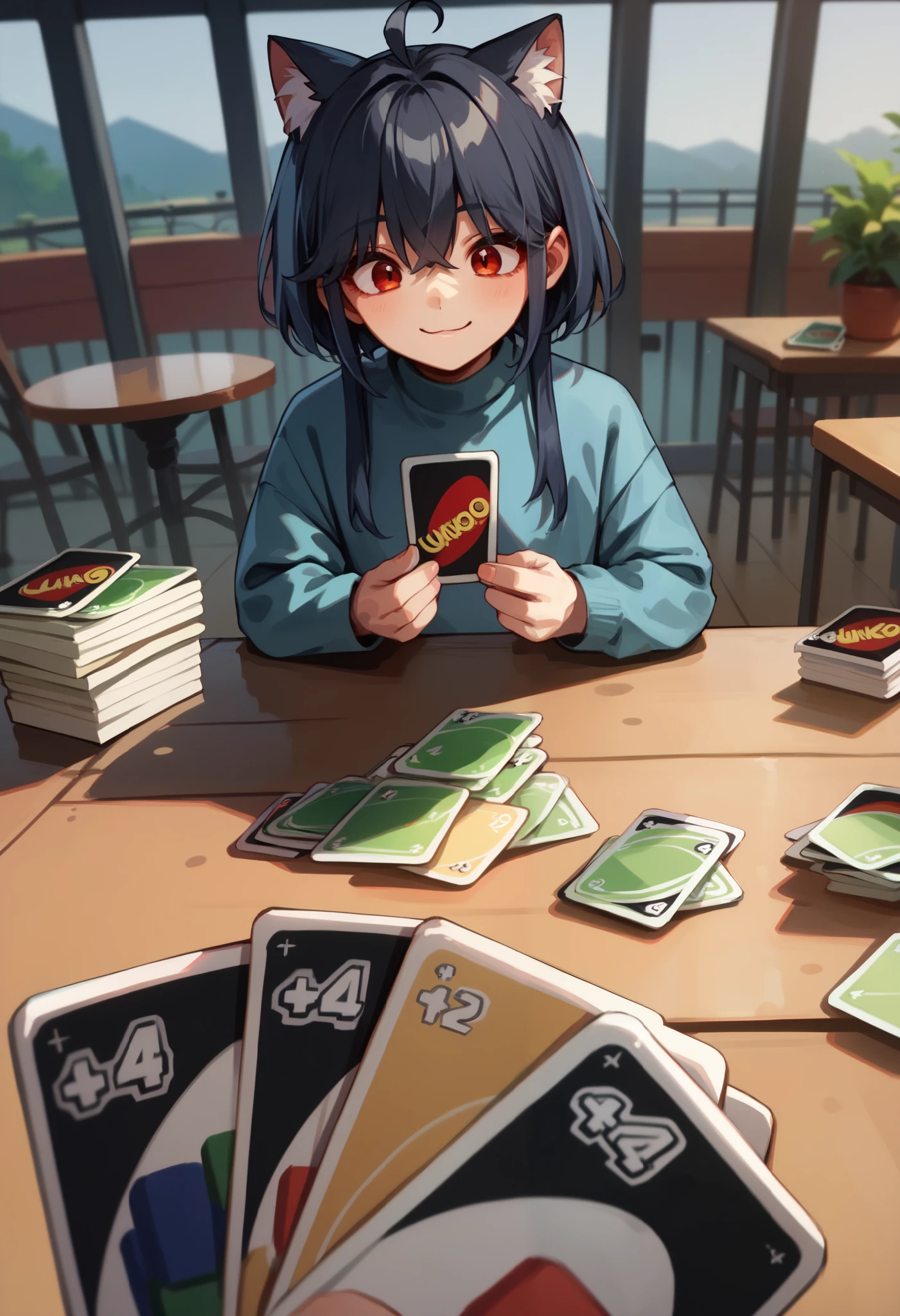 score_9, score_8_up, score_7_up, holding card, pov, playing card, table, smile, junkotvvxl, ((cat ears, red eyes)) ((One multicolorido black hair, (Ahoge), straight bangs,)),