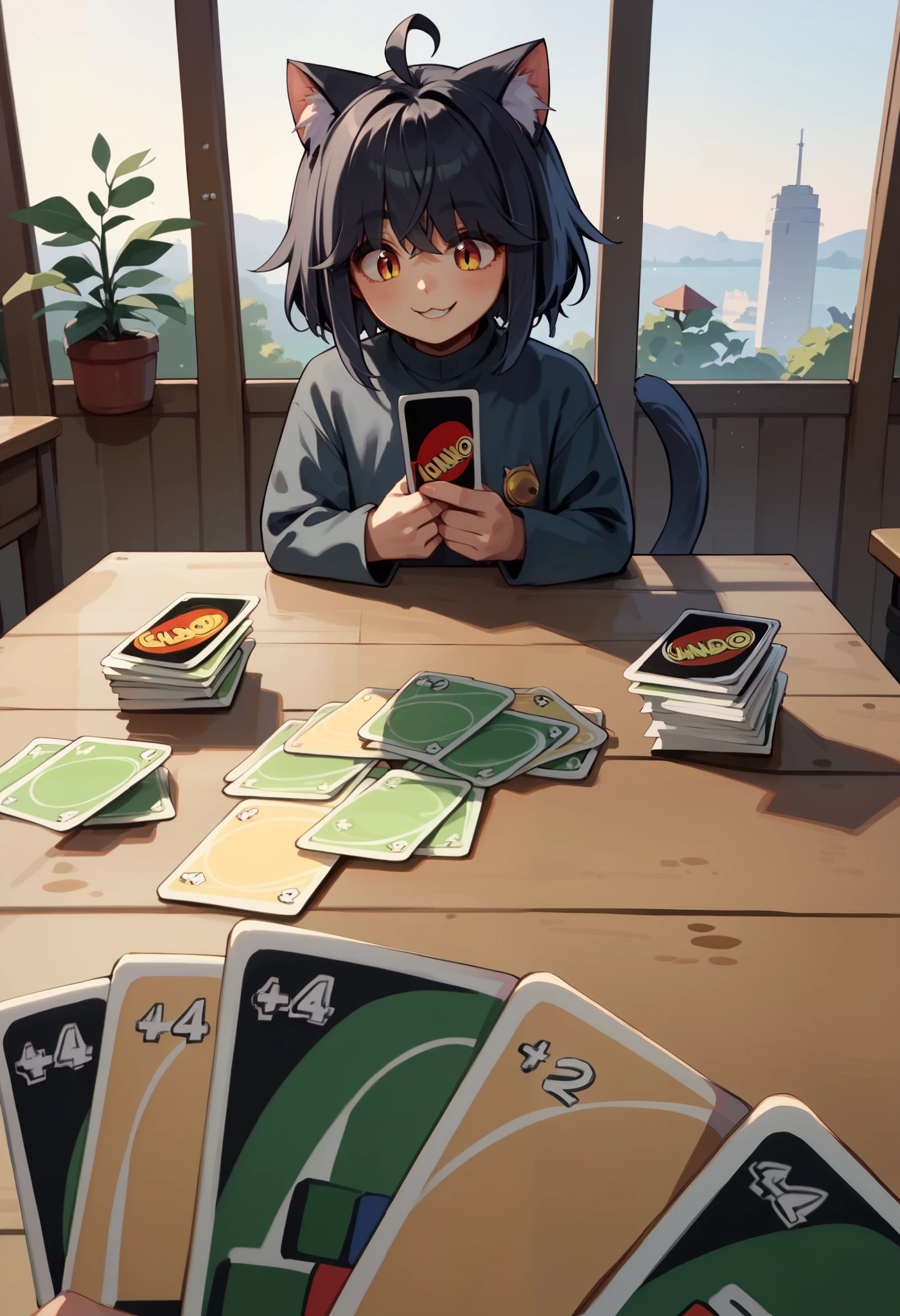 score_9, score_8_up, score_7_up, holding card, pov, playing card, table, smile, junkotvvxl, ((cat girl, cat ears)) ((One multicolorido black hair, (Ahoge), straight bangs,)),