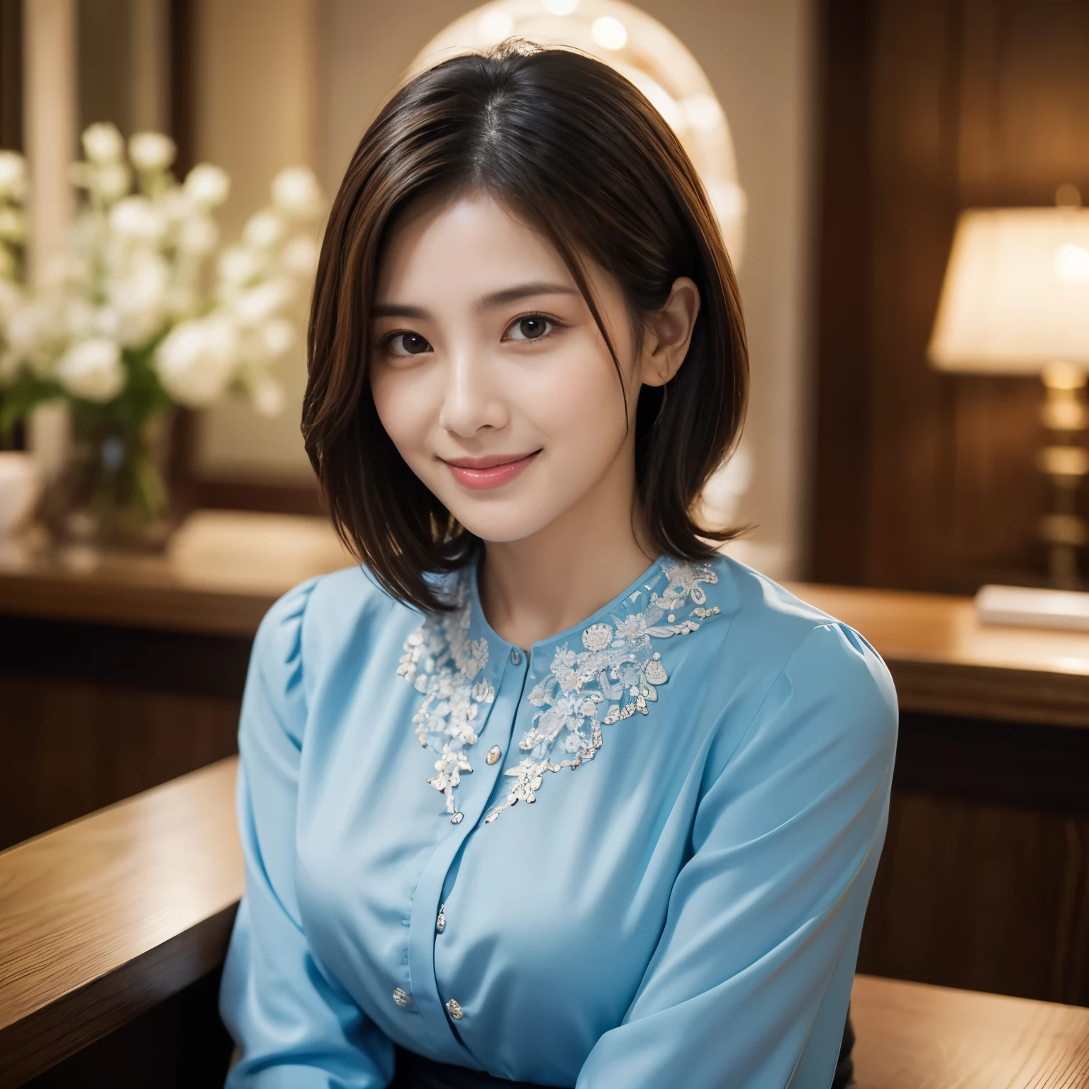 Araffe woman in blue shirt sitting at a desk with a lamp - SeaArt AI