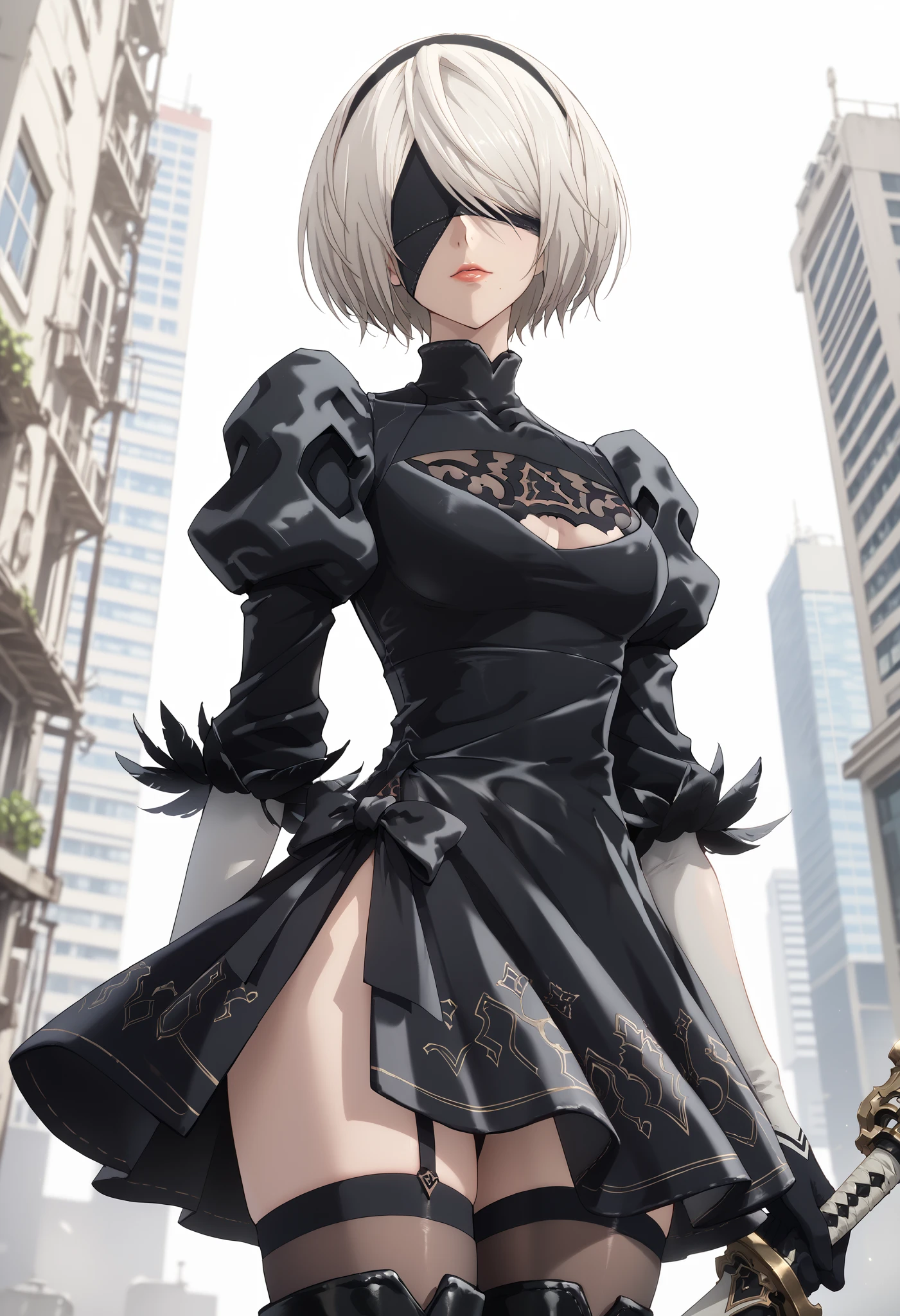 A stunning anime-style rendition of 2B (YoRHa No.2 Type B) from Nier: Automata. She is a graceful yet strong android with white hair styled in a neat bob, an elegant black blindfold covering her eyes, and a sleek black gothic-inspired battle dress adorned with intricate lace patterns. Her outfit includes thigh-high stockings and combat boots. The background is a city reclaimed by overgrown vegetation, highlighting her mysterious and futuristic aesthetic. The artwork captures a battle-ready pose emphasizing her confident and heroic demeanor. Detailed anime shading, with vibrant colors and high contrast, showcasing the character's unique charm